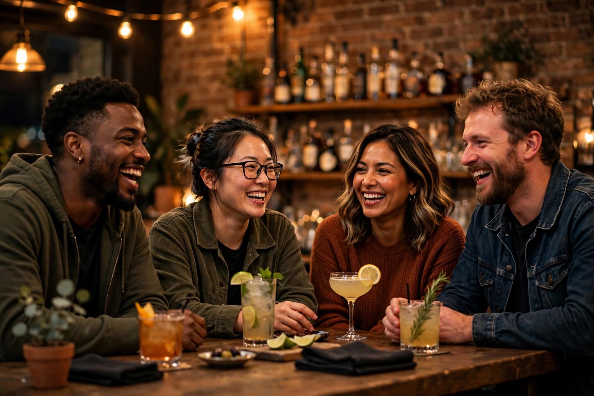 Friends laughing over cocktails at a small neighborhood bar counter in warm evening light