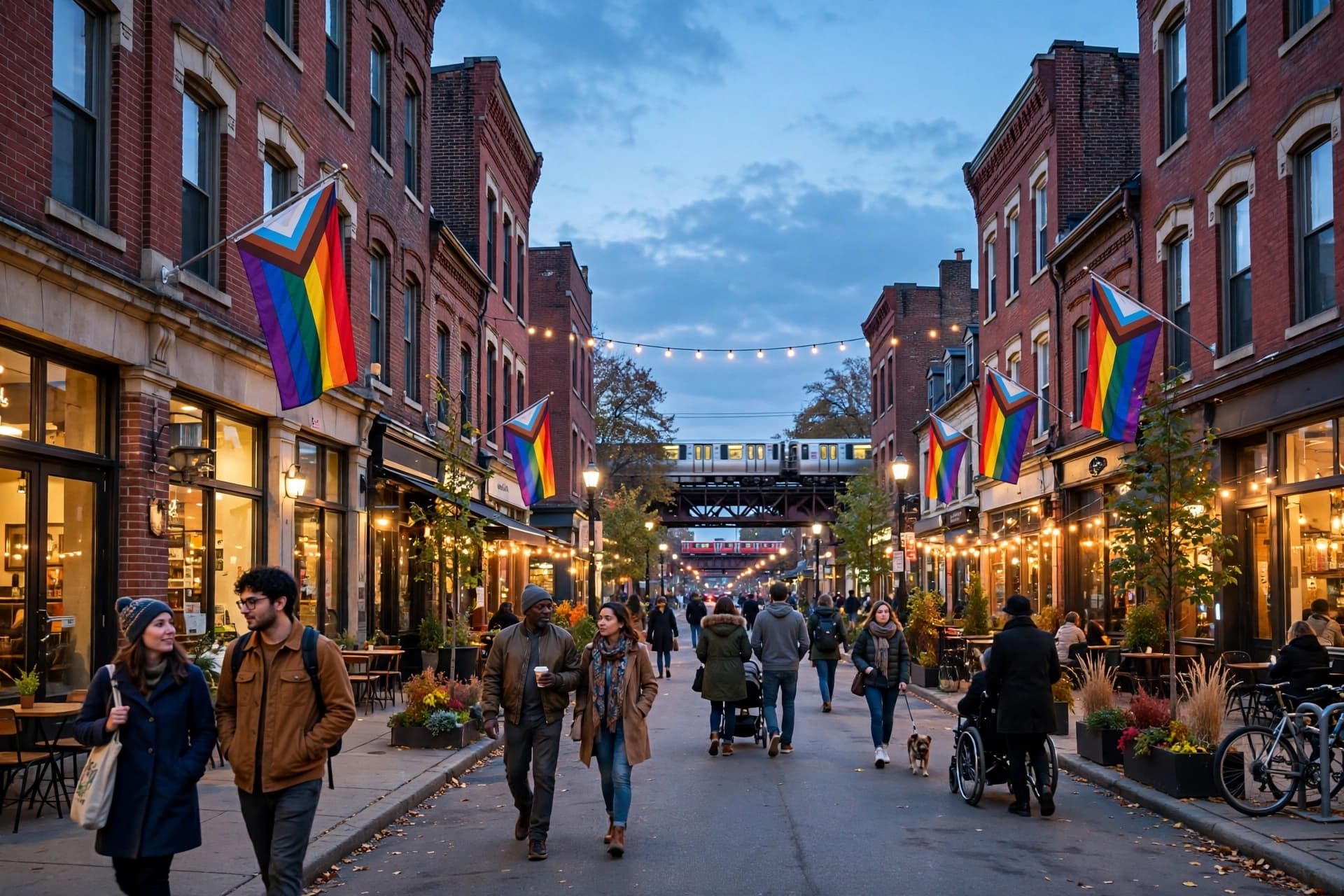 Clark Street in Andersonville Chicago at dusk, rainbow flags on storefronts and people walking between bars
