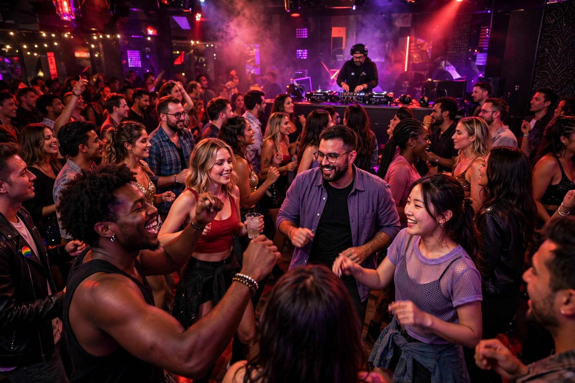 A crowded dance floor inside an Atlanta gay club with purple and red lights and a DJ at the far end