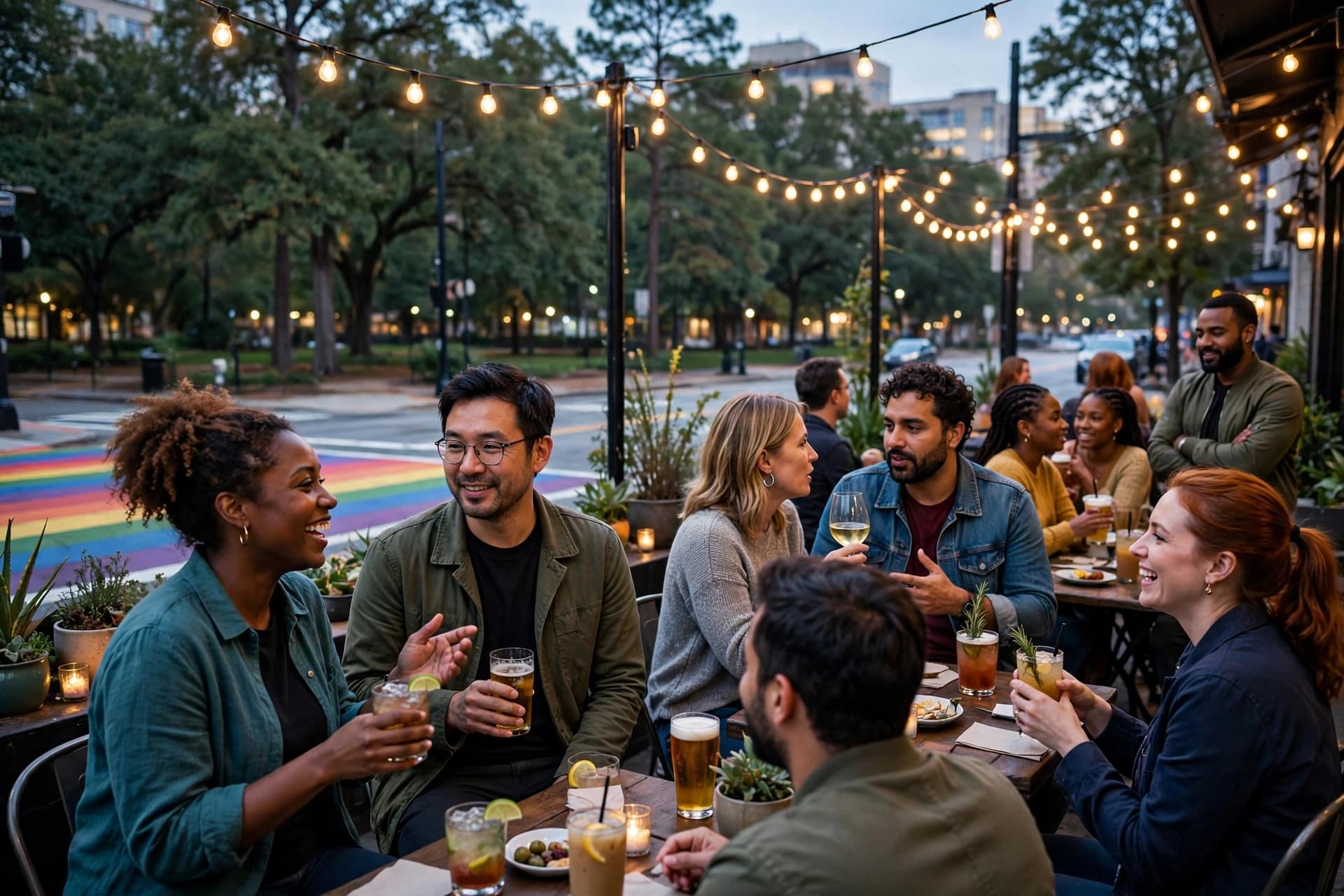 Friends talking over drinks on a bar patio in Midtown Atlanta at dusk, with the rainbow crosswalk behind them