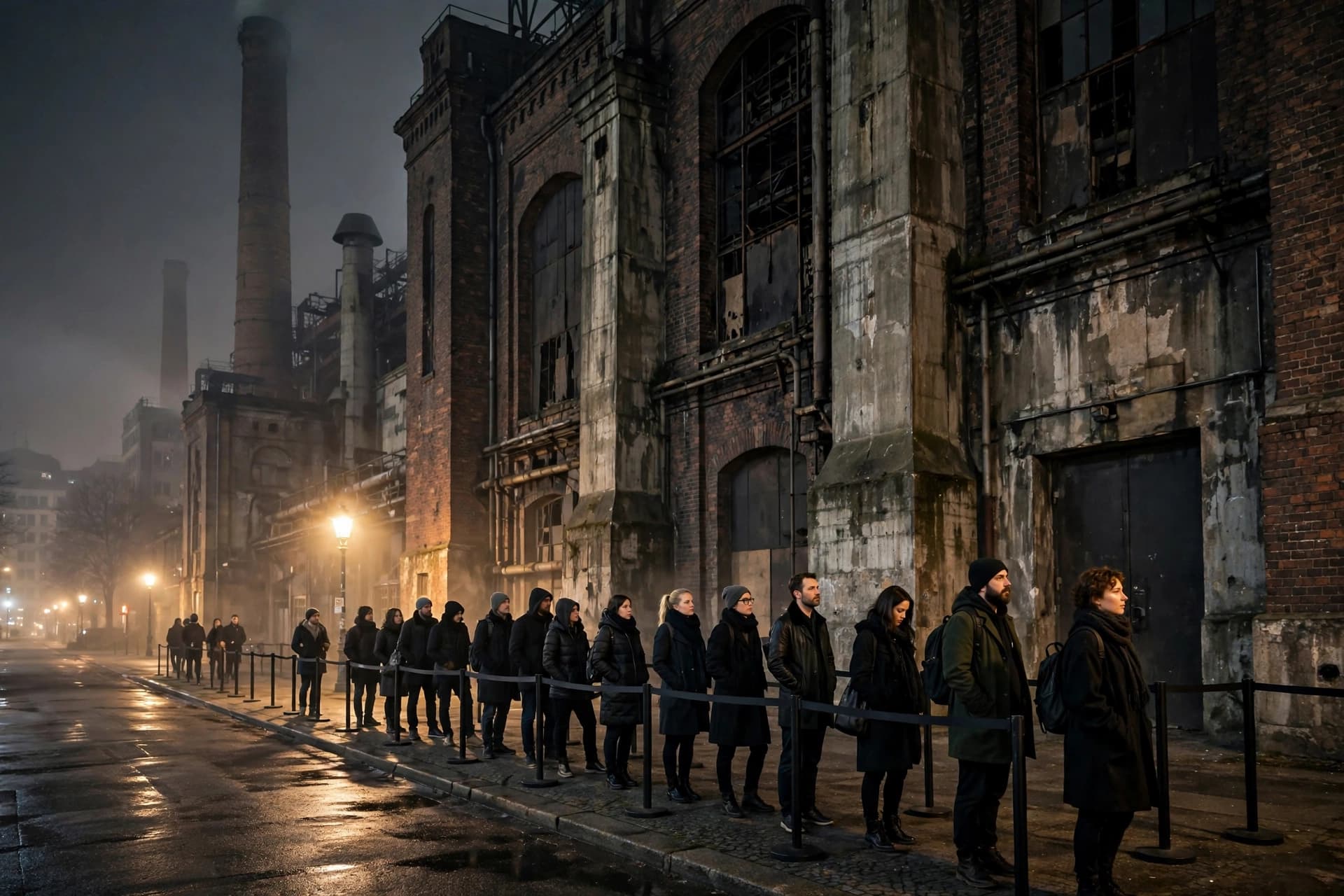 Clubgoers in dark coats queuing outside a former power station club in Berlin at night