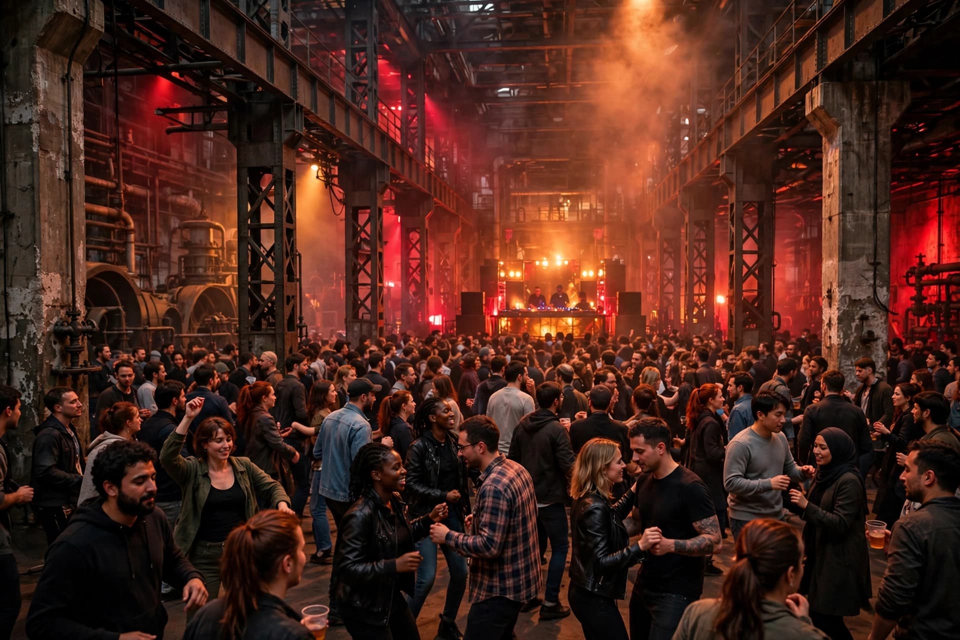 A packed dance floor in a Berlin industrial club with red lighting, steel beams, and a DJ booth in the distance