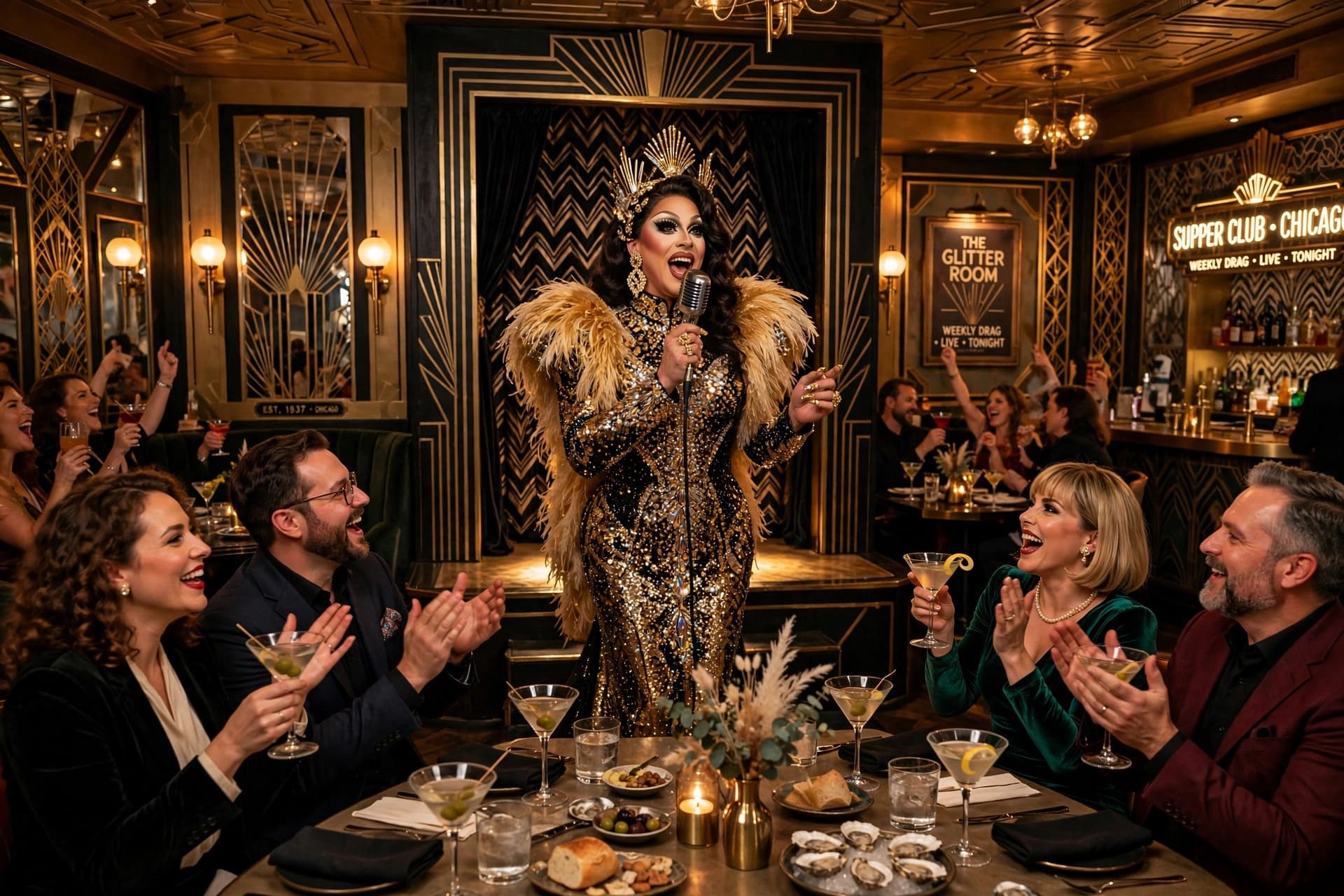 Drag performer singing on an art deco supper club stage while dinner guests cheer with martinis