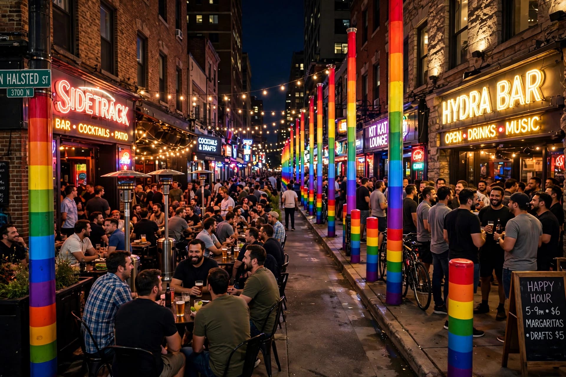 Crowds outside gay bars on North Halsted Street at night, with rainbow pylons lining the sidewalk