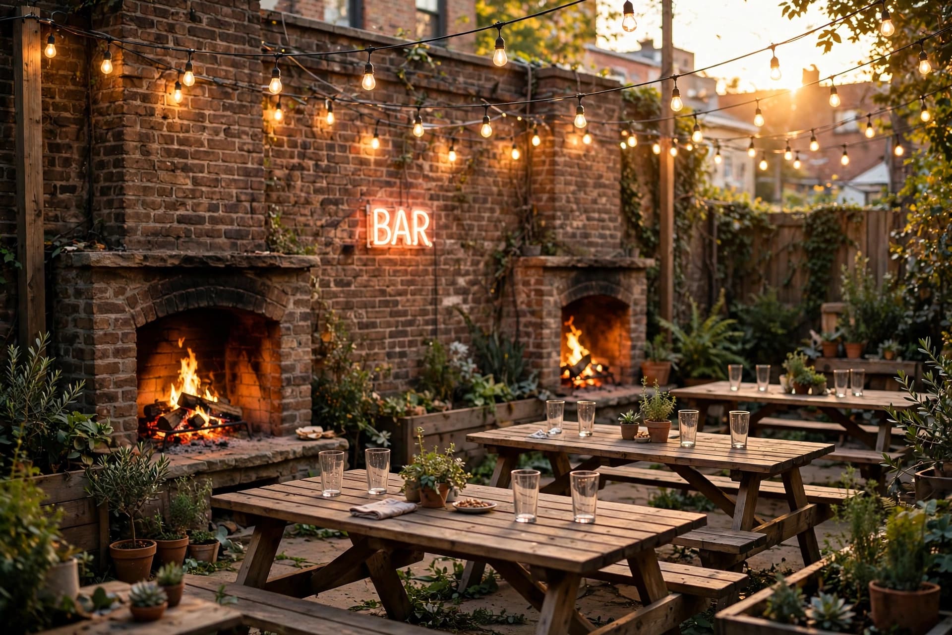 Packed backyard patio of a Brooklyn gay bar at golden hour, string lights glowing over wooden picnic tables