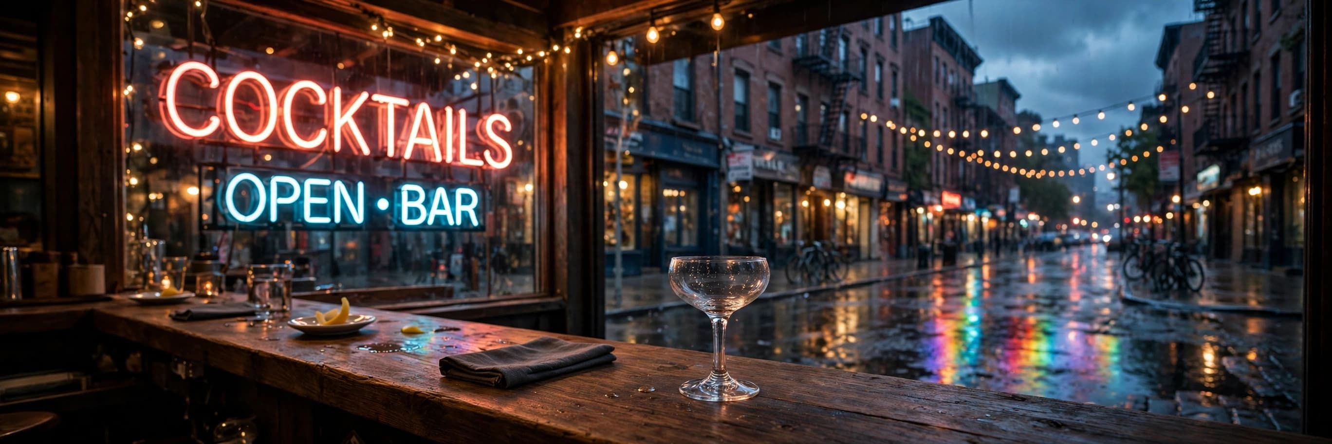 Brooklyn bar street at dusk with glowing neon signs, string lights, and rainbows reflected on wet pavement