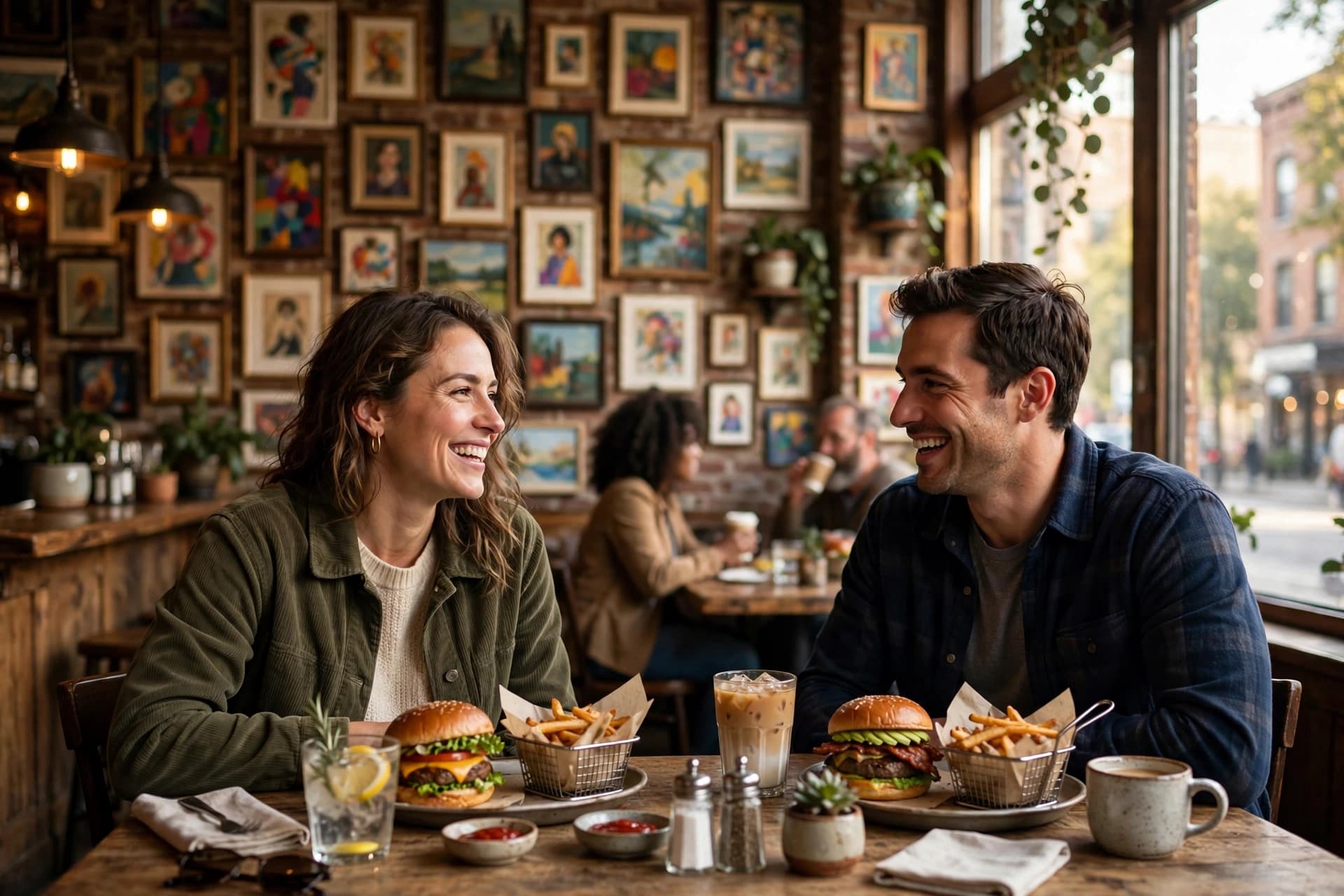 Friends sharing burgers and drinks at a table inside a Chicago neighborhood bar with art covered walls