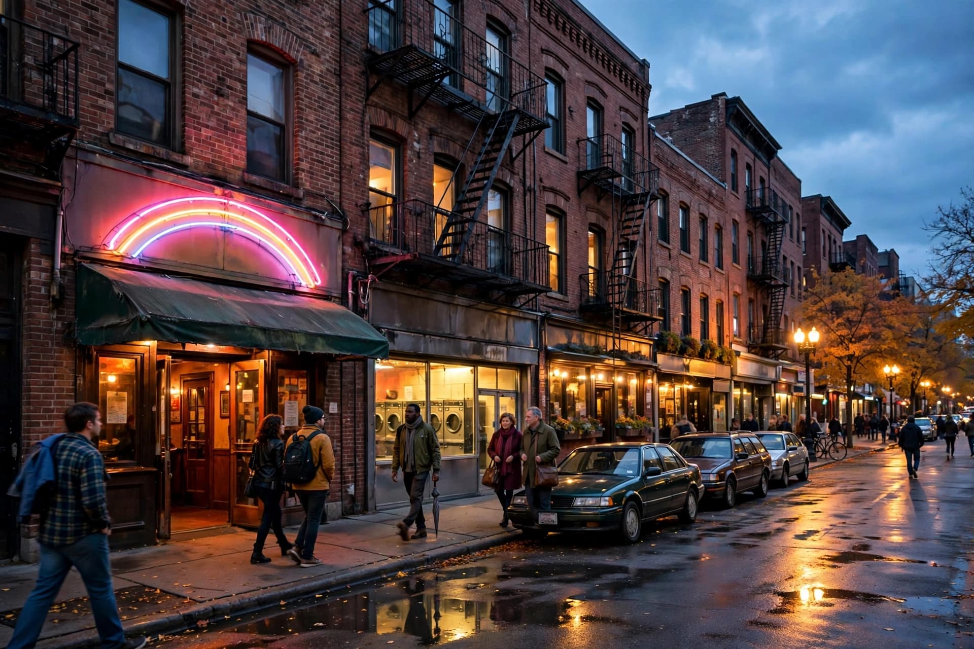 A brick Chicago street at dusk with a neighborhood bar glowing under a neon rainbow sign in Uptown
