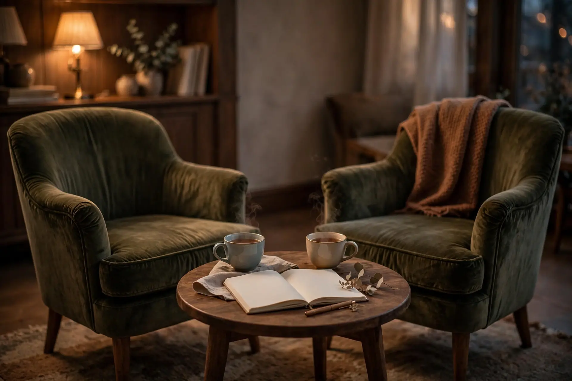 Two armchairs facing each other with tea and an open notebook, a quiet place to negotiate