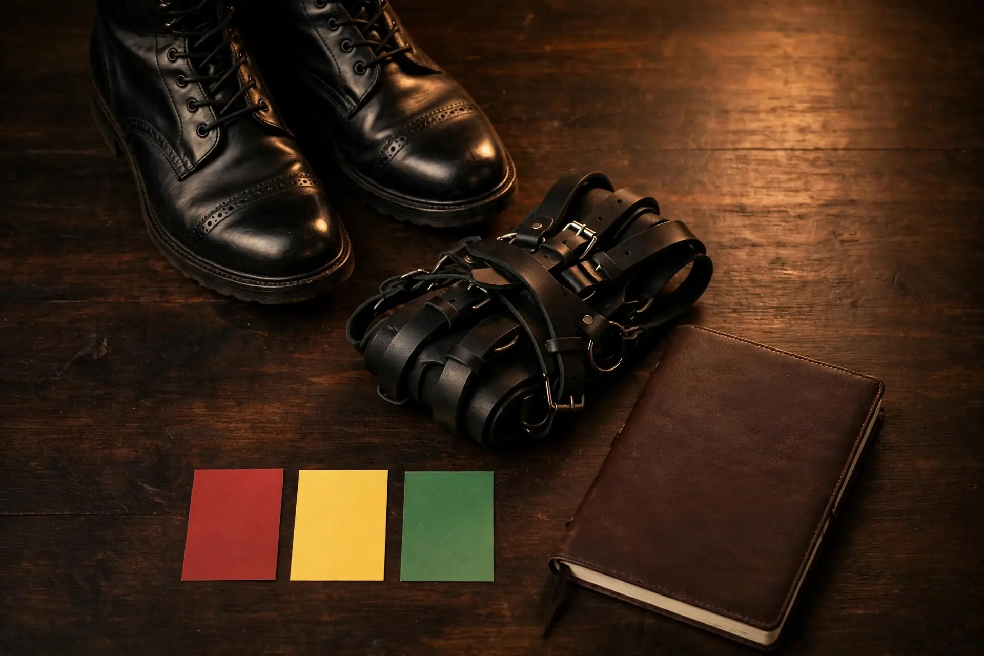 Leather boots and gear with red, yellow, and green stoplight cards on dark wood