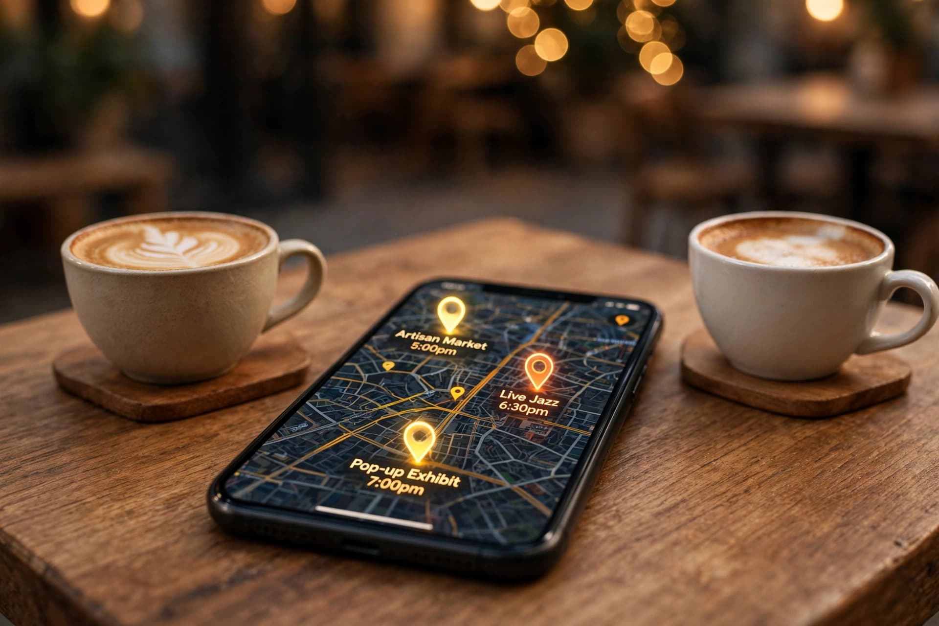 Smartphone showing a city map with event pins next to two coffee cups on a table