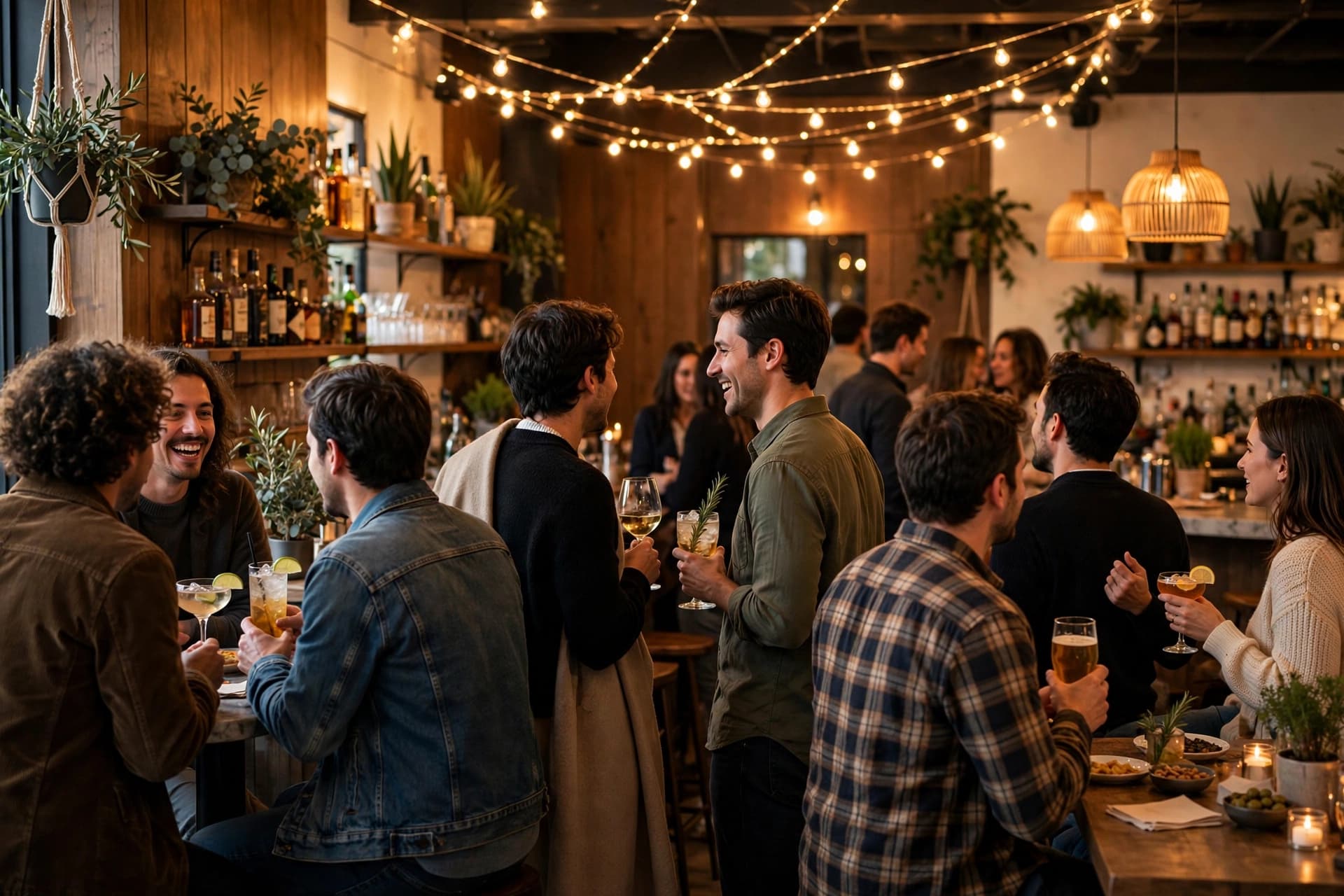 Warmly lit in-person mixer event with small groups of people talking under string lights