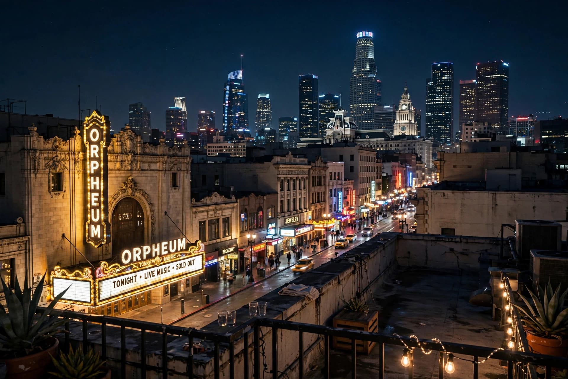 Downtown Los Angeles skyline and historic theater marquee glowing at night above Broadway