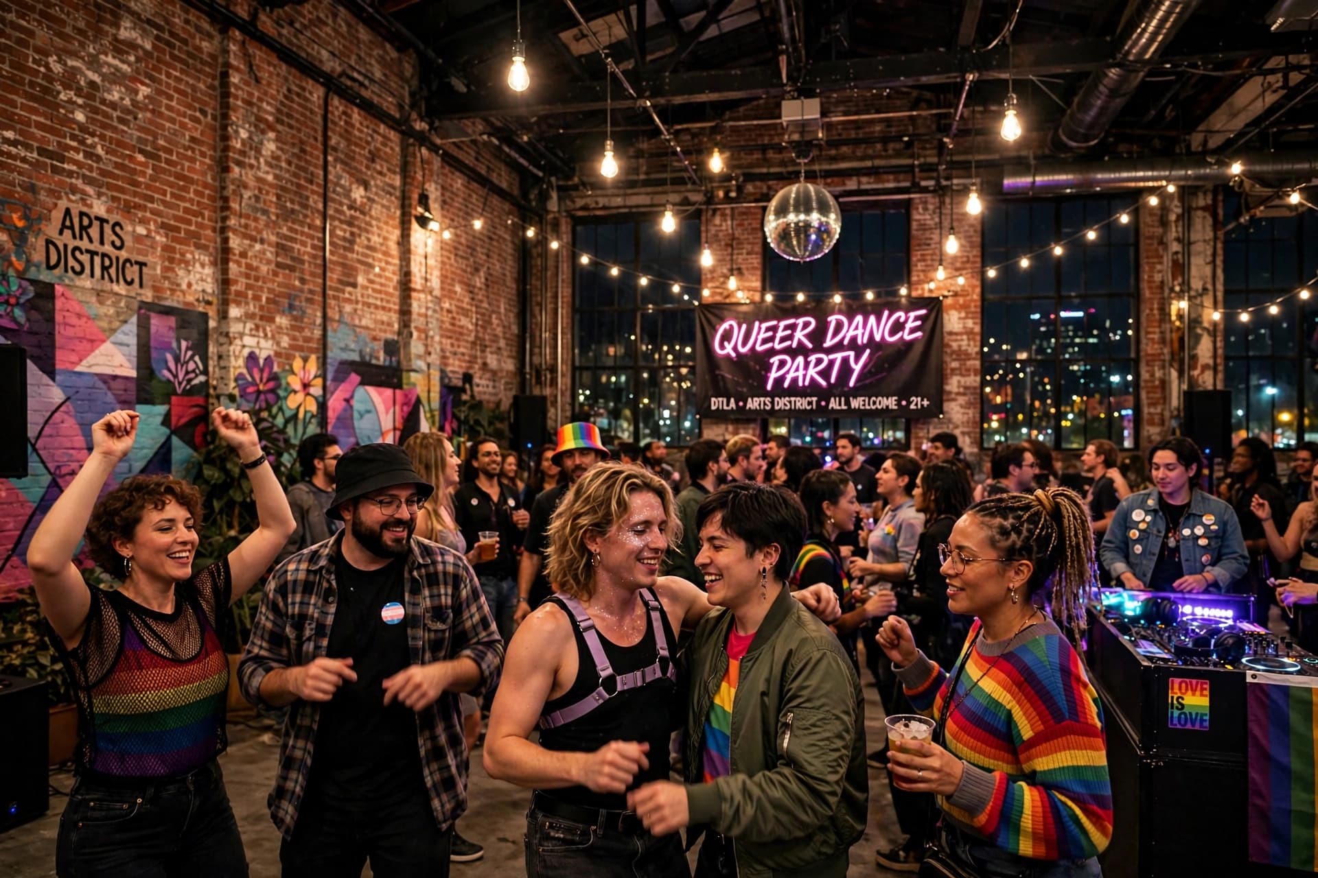 Adults dancing at a queer warehouse party in the Downtown Los Angeles Arts District under industrial lighting