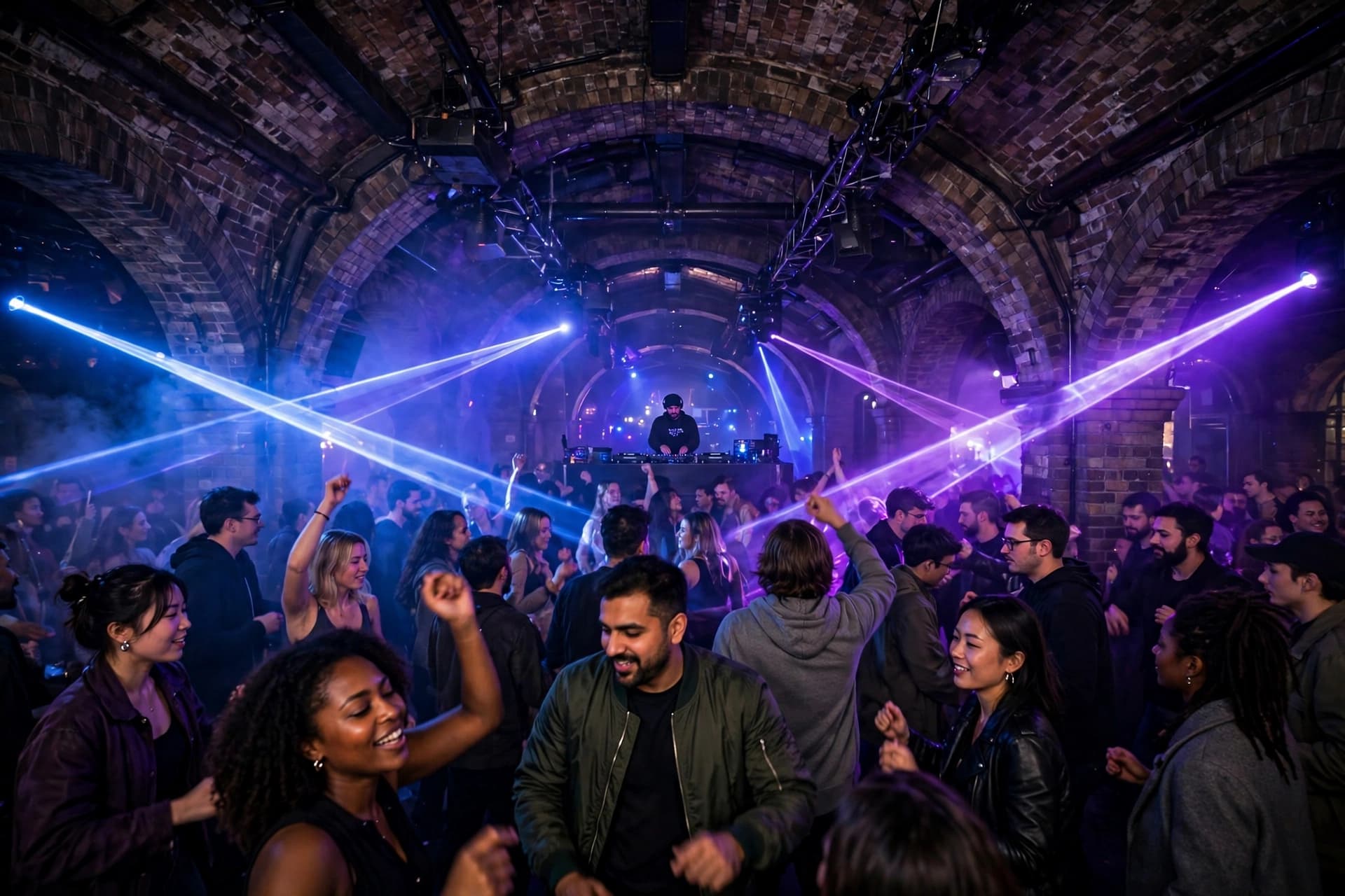 A packed dance floor under brick railway arches in London with purple laser lights and a DJ at the far end
