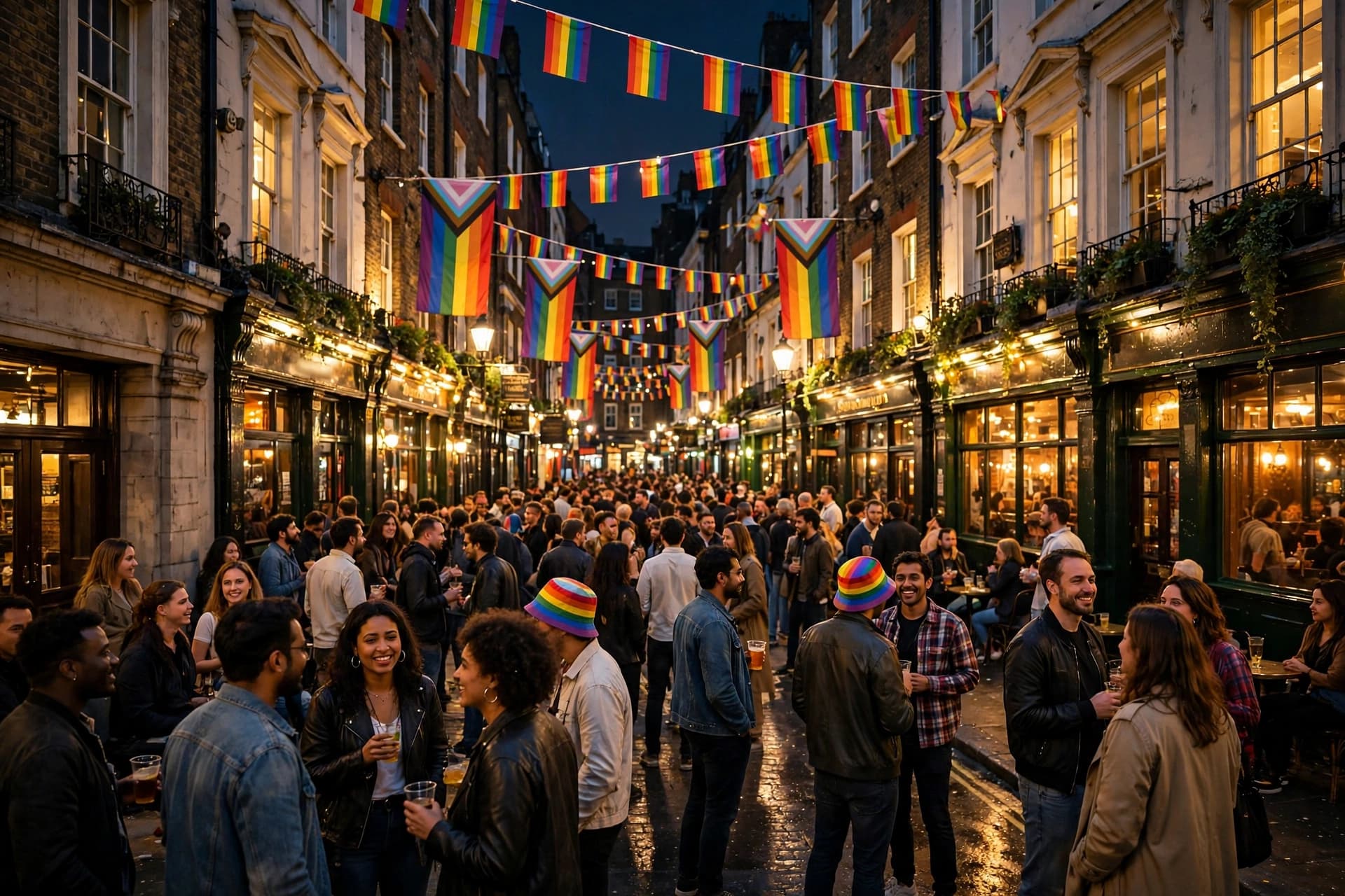 Crowds socializing outside pubs on a Soho street in London at night under strings of rainbow flags