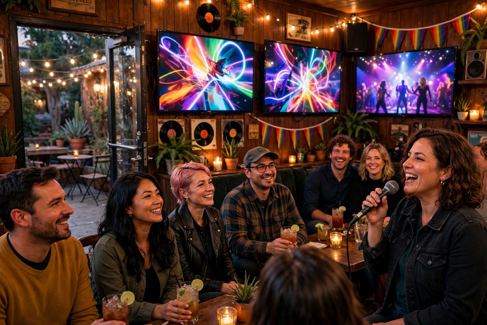 Adults singing karaoke inside a cozy vintage video bar in Long Beach with a patio strung with lights