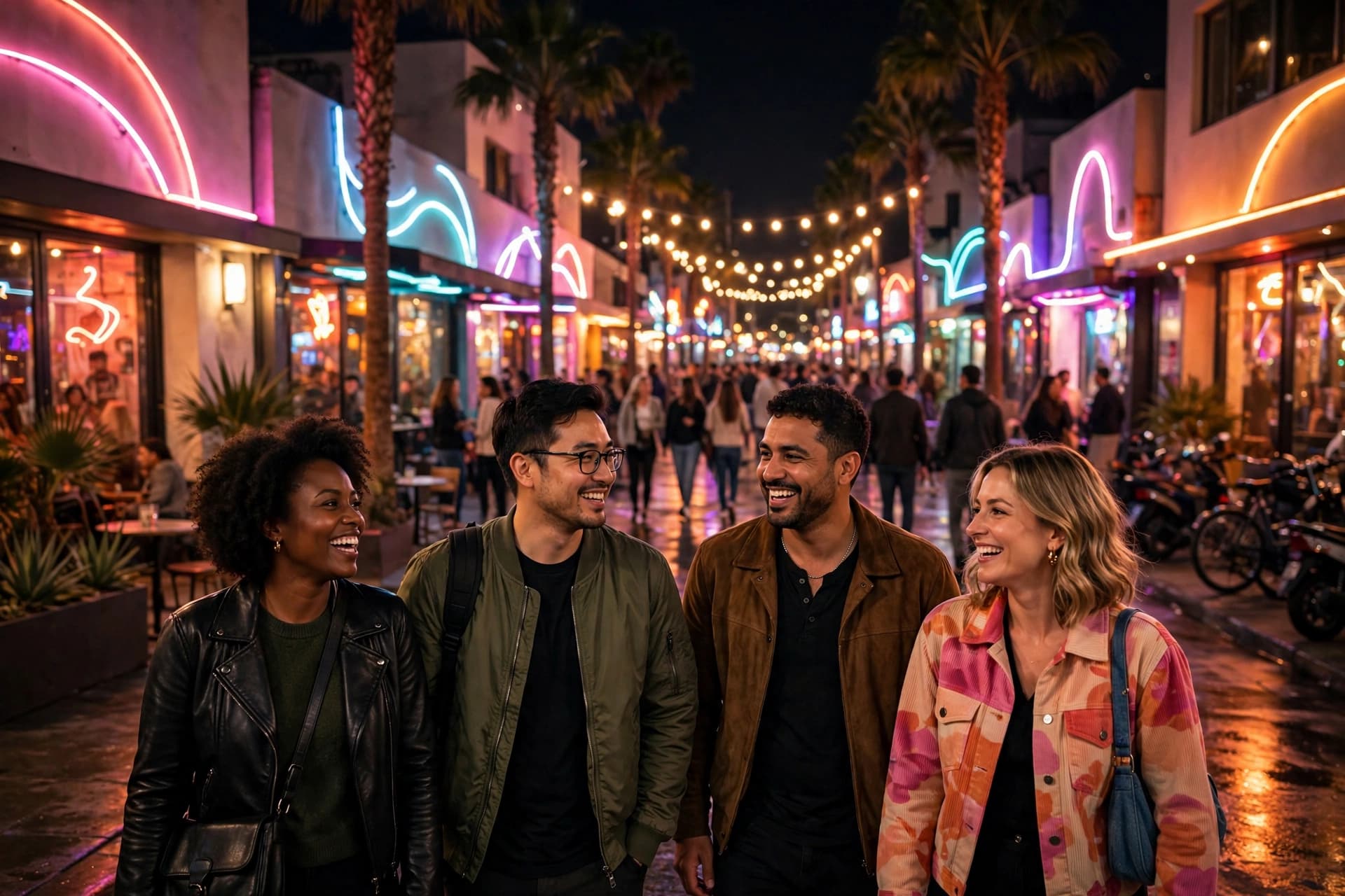 Neon lit gay bar row at night on East Broadway in Long Beach with palm trees and friends arriving