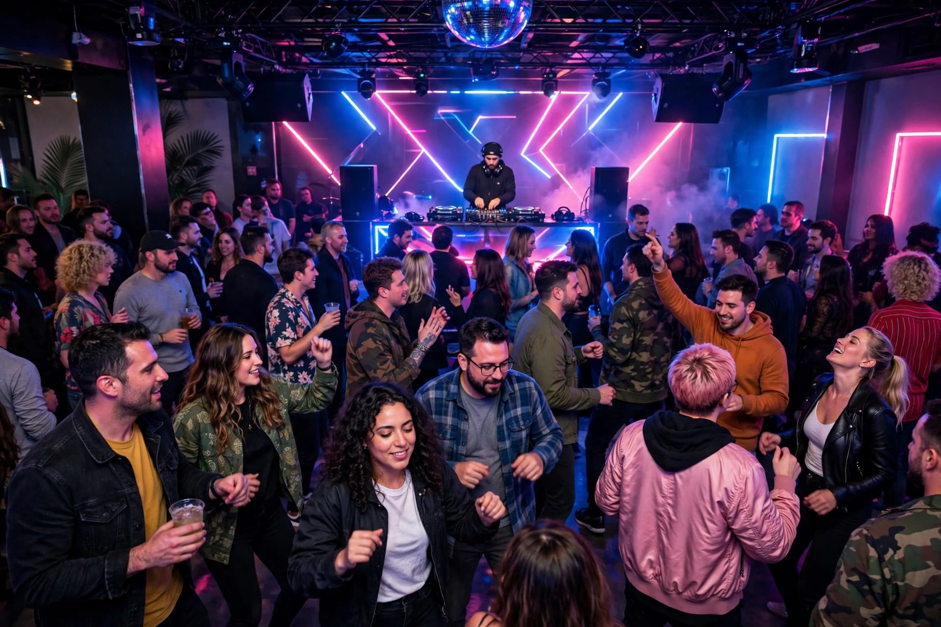 A crowded dance floor inside a Miami gay club with blue and pink lights and a DJ at the far end