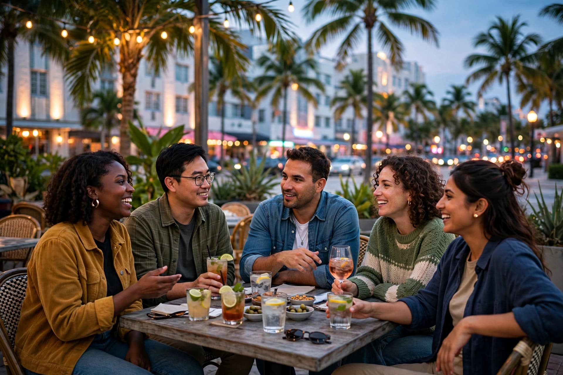 Friends talking over drinks on a South Beach patio at dusk, with Ocean Drive lights and palm trees behind them