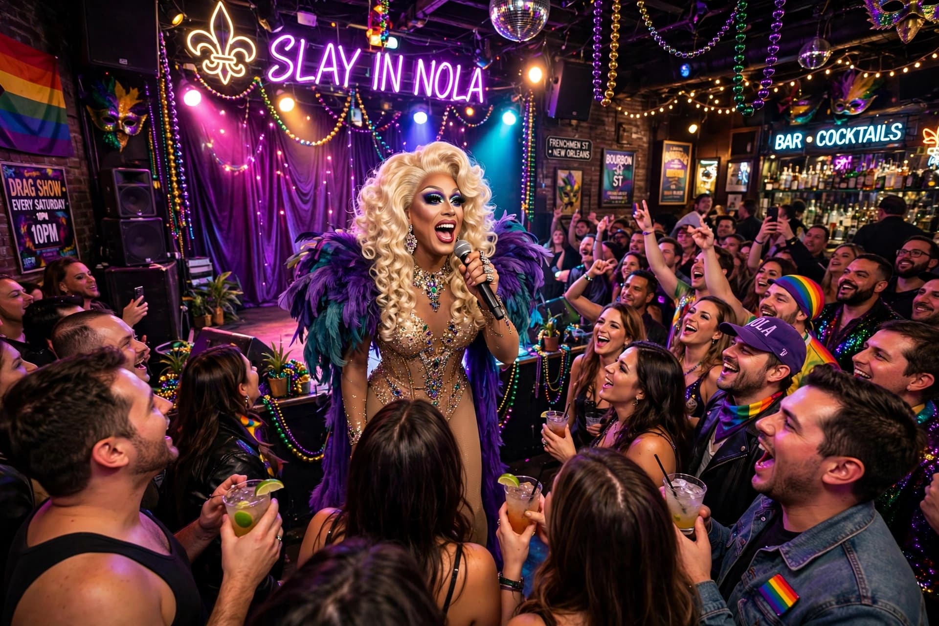 A drag performer on stage inside a packed New Orleans gay dance club under colorful lights