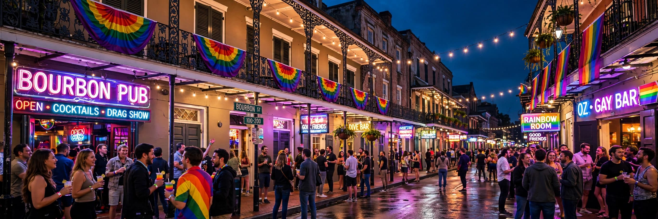 Bourbon Street at night with rainbow flags on French Quarter balconies and crowds outside the gay bars