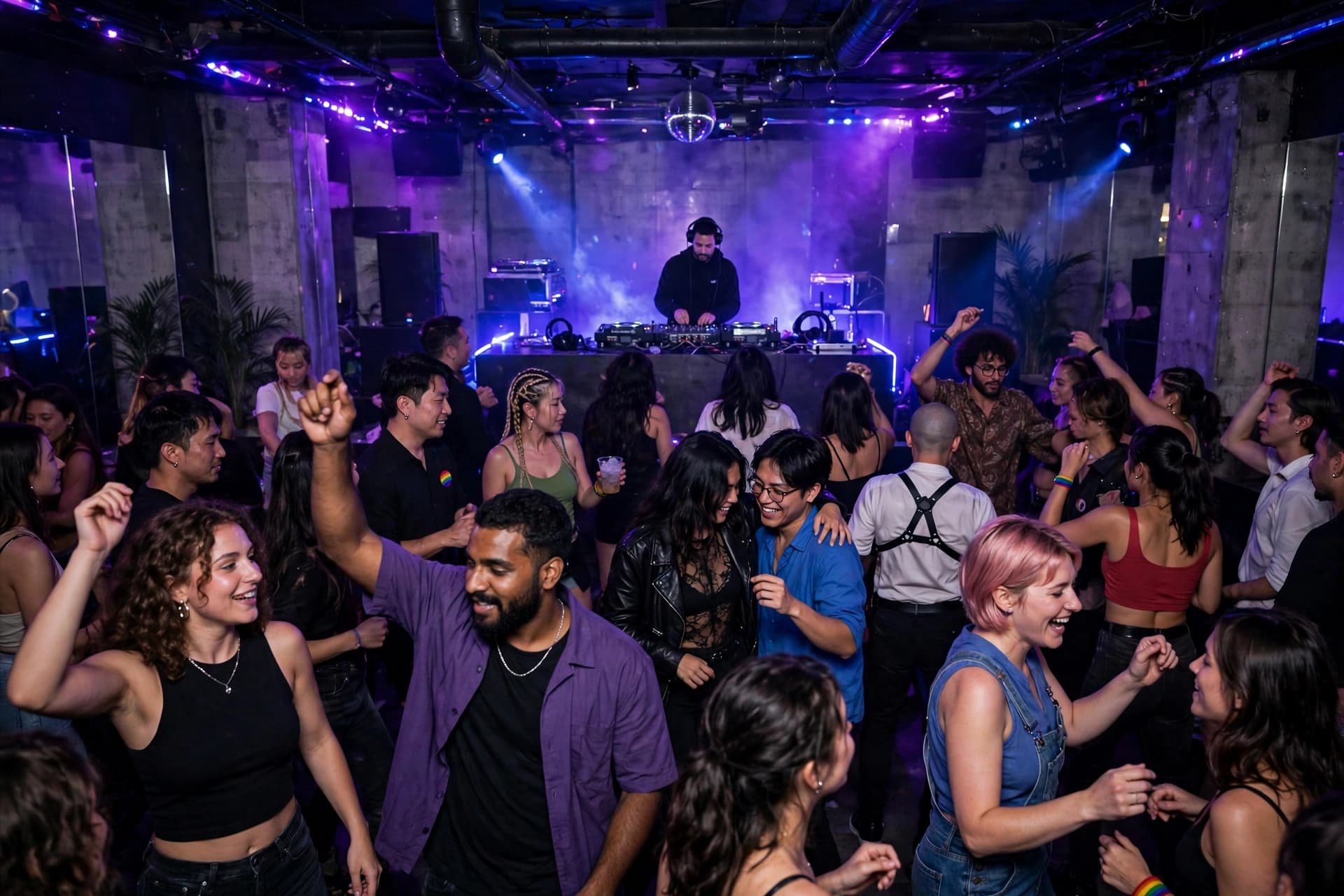 A crowded dance floor inside a Paris gay club with purple lights and a DJ at the far end