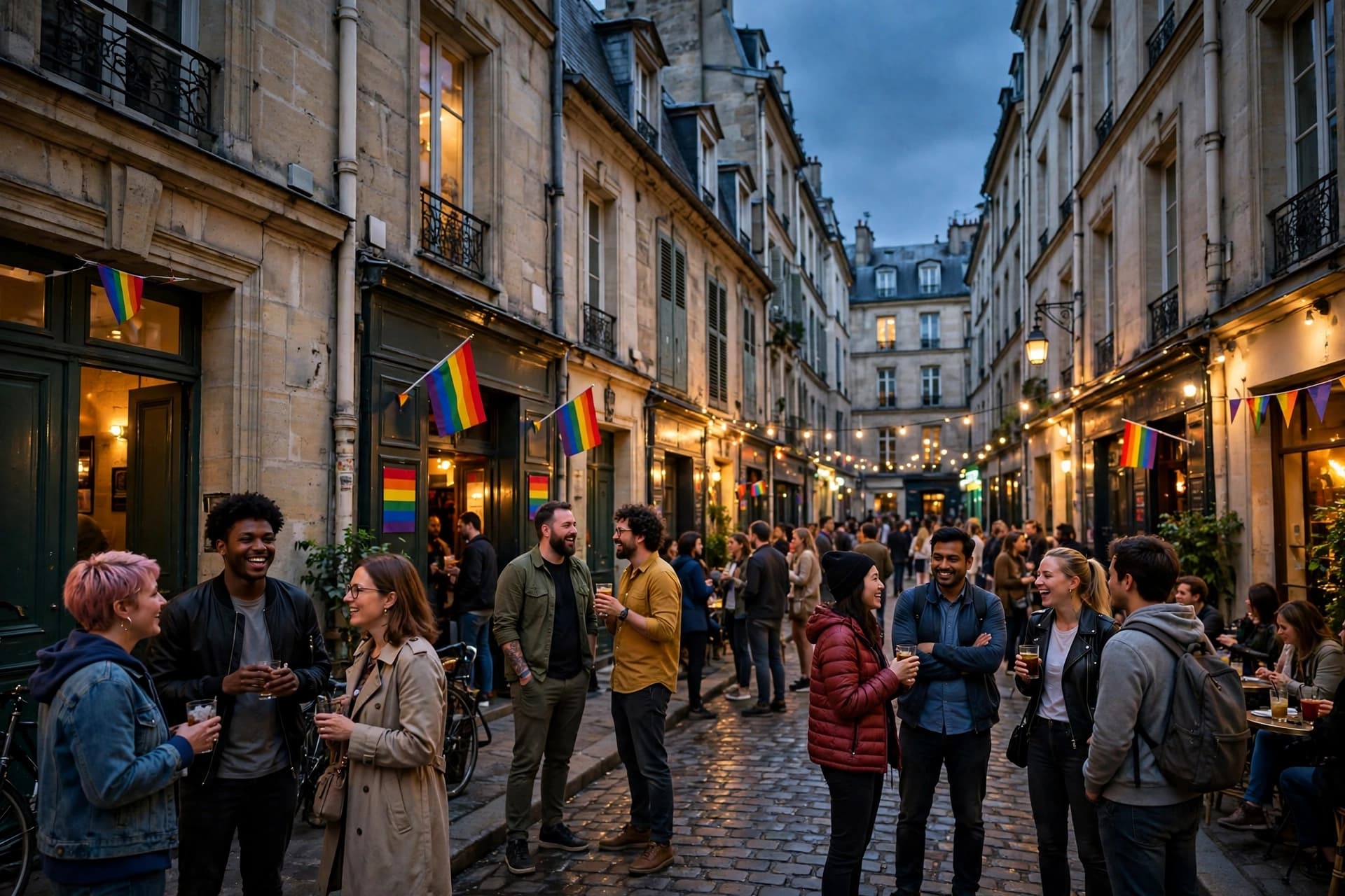 Crowds socializing on a cobblestone street in Le Marais, Paris at dusk outside bars with rainbow flags