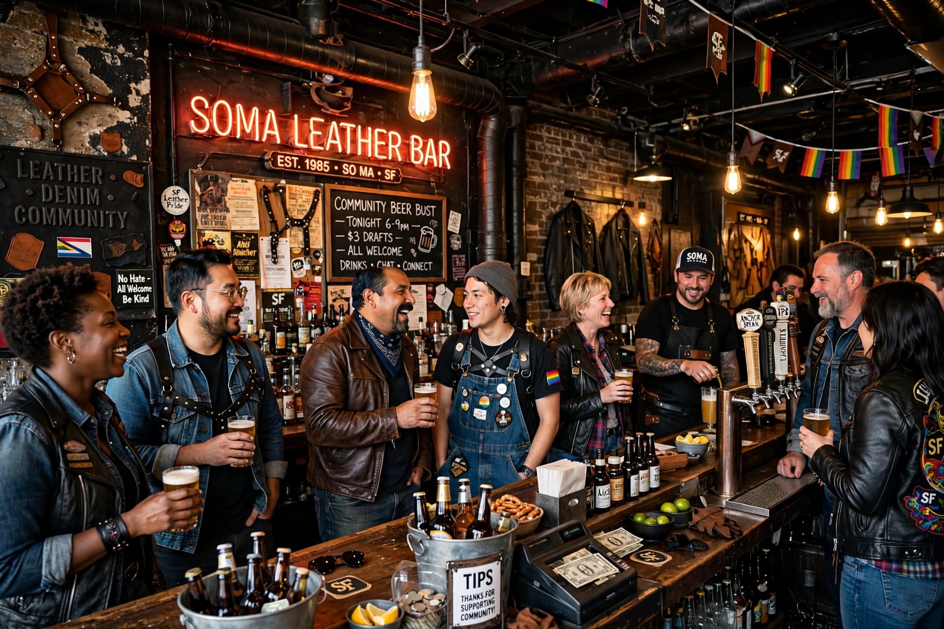 A friendly beer bust crowd inside a San Francisco SoMa leather bar with warm industrial lighting