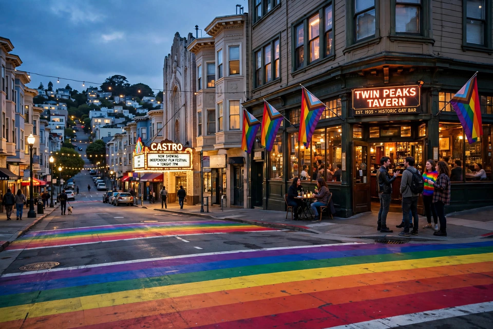 The Castro at dusk with a historic gay bar's glowing picture windows, rainbow flags and a rainbow crosswalk