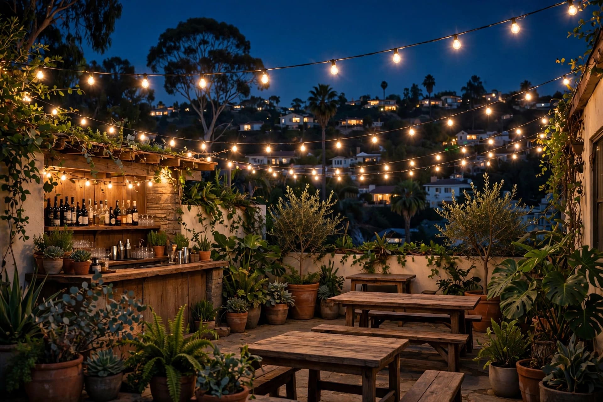 String lights and a bustling outdoor bar patio at night in Silver Lake