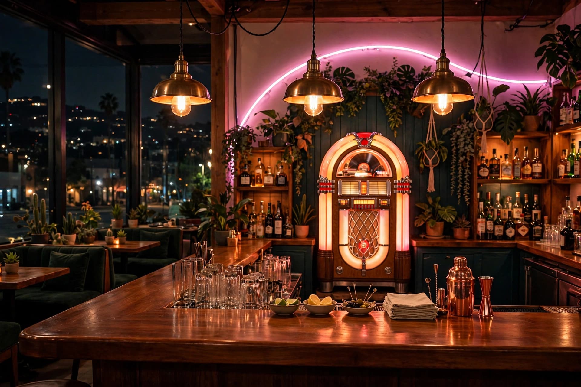 Neon-lit queer bar interior in Silver Lake at night with a vintage jukebox glowing on the back wall