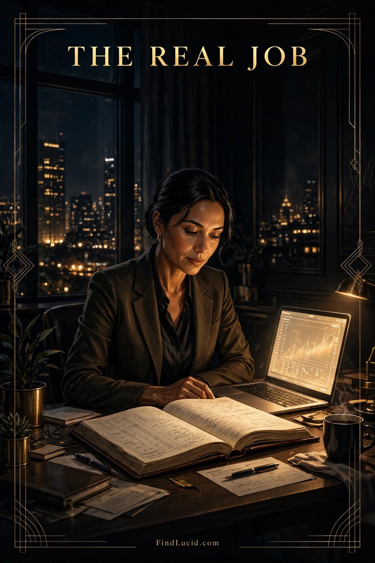 Illustrated poster, gold on black: a woman executive alone at a desk at night reading an open ledger beside a glowing laptop, city lights behind her, headline THE REAL JOB, FindLucid.com
