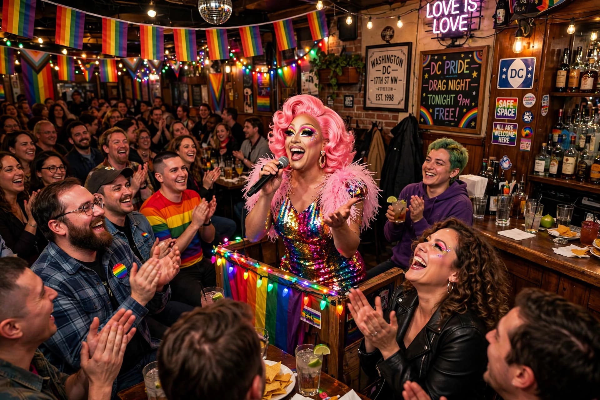 A drag performer mid show inside a packed Washington DC neighborhood gay bar
