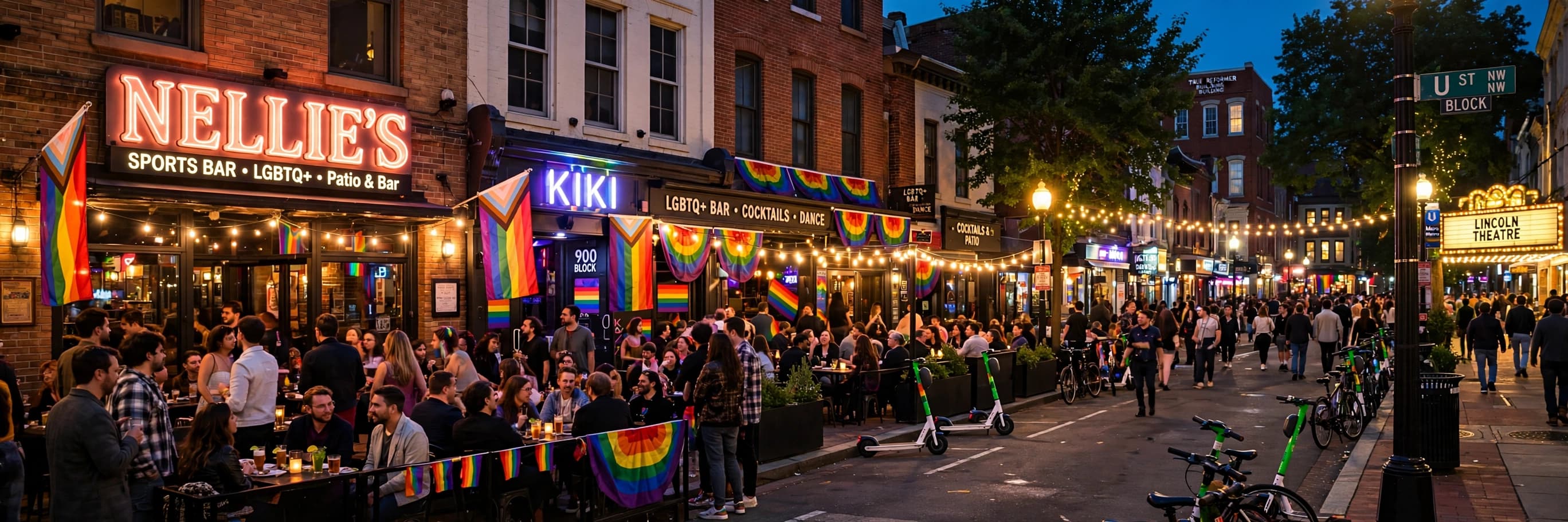 U Street in Washington DC at night with crowds and rainbow flags outside the queer bars