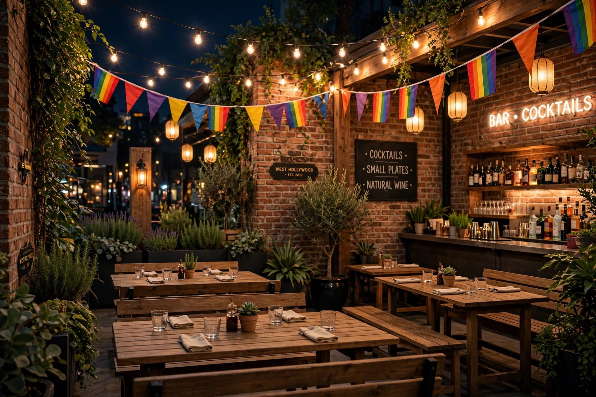 Empty bar patio in West Hollywood at night with string lights, rainbow bunting, and wooden tables