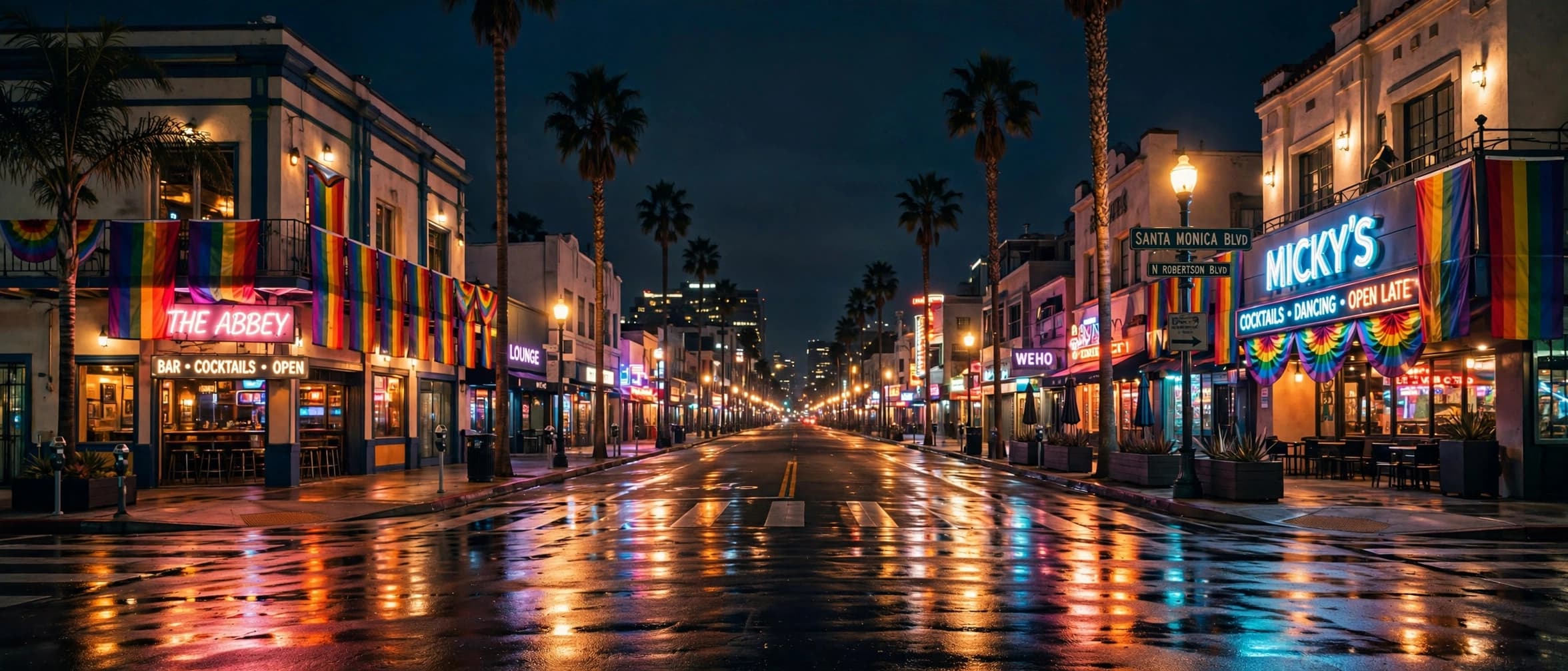 Santa Monica Boulevard in West Hollywood at night with glowing bar signs, rainbow flags, and palm trees