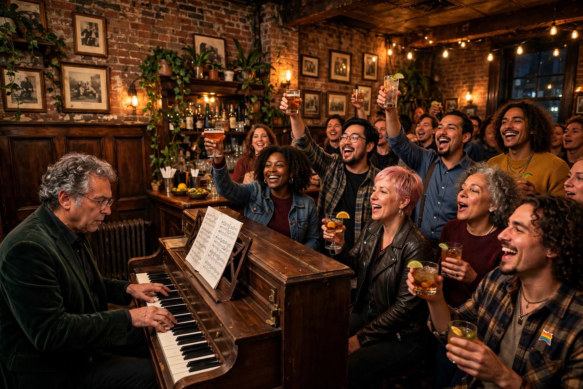 Crowded historic gay piano bar at night, warm amber light, pianist at an upright piano while a diverse crowd sings along