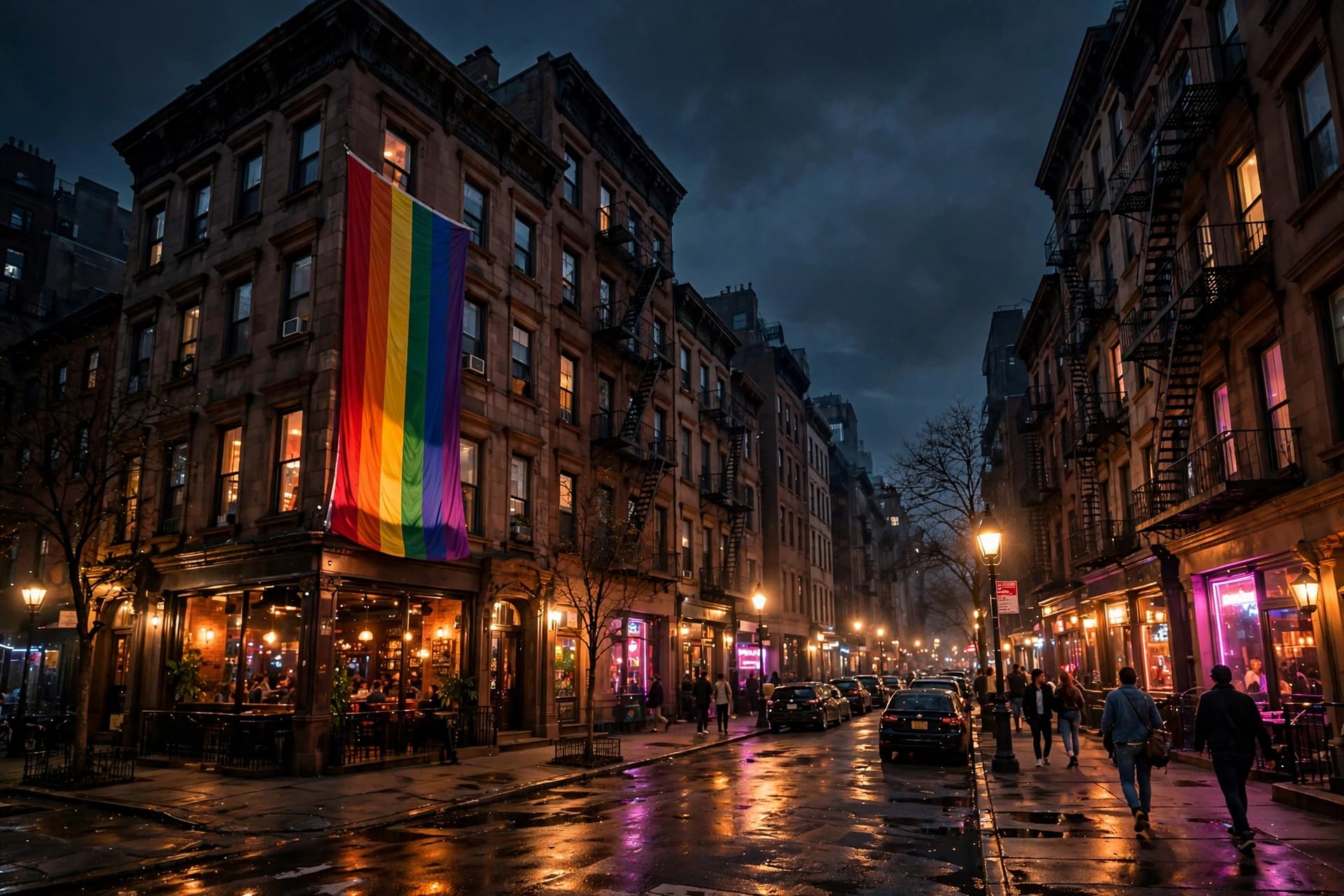 Christopher Street in the West Village at night, historic brownstones glowing with bar lights and a rainbow flag