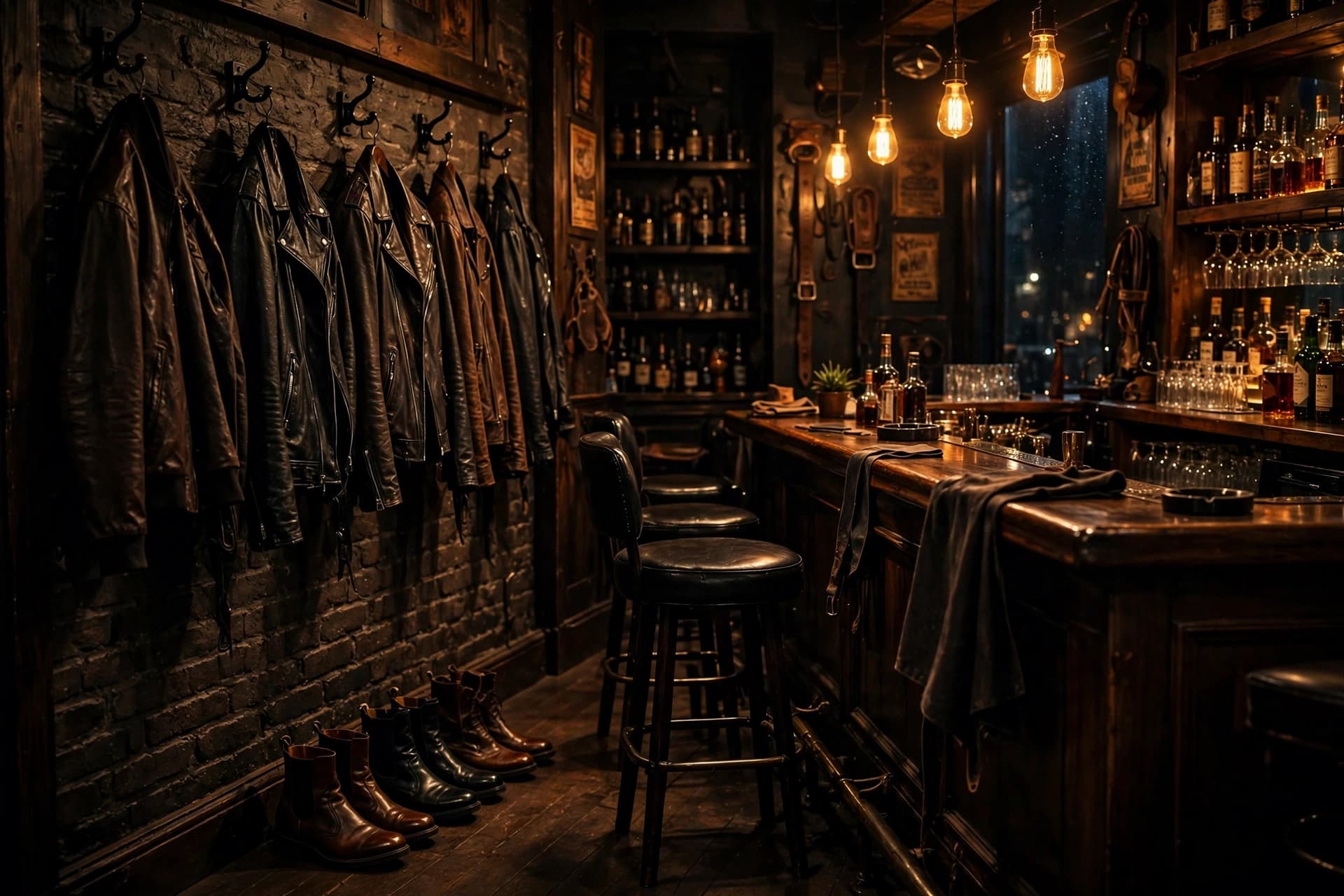 Empty leather bar at night with leather jackets on wall hooks, boots lined under the bar, and warm amber lighting.