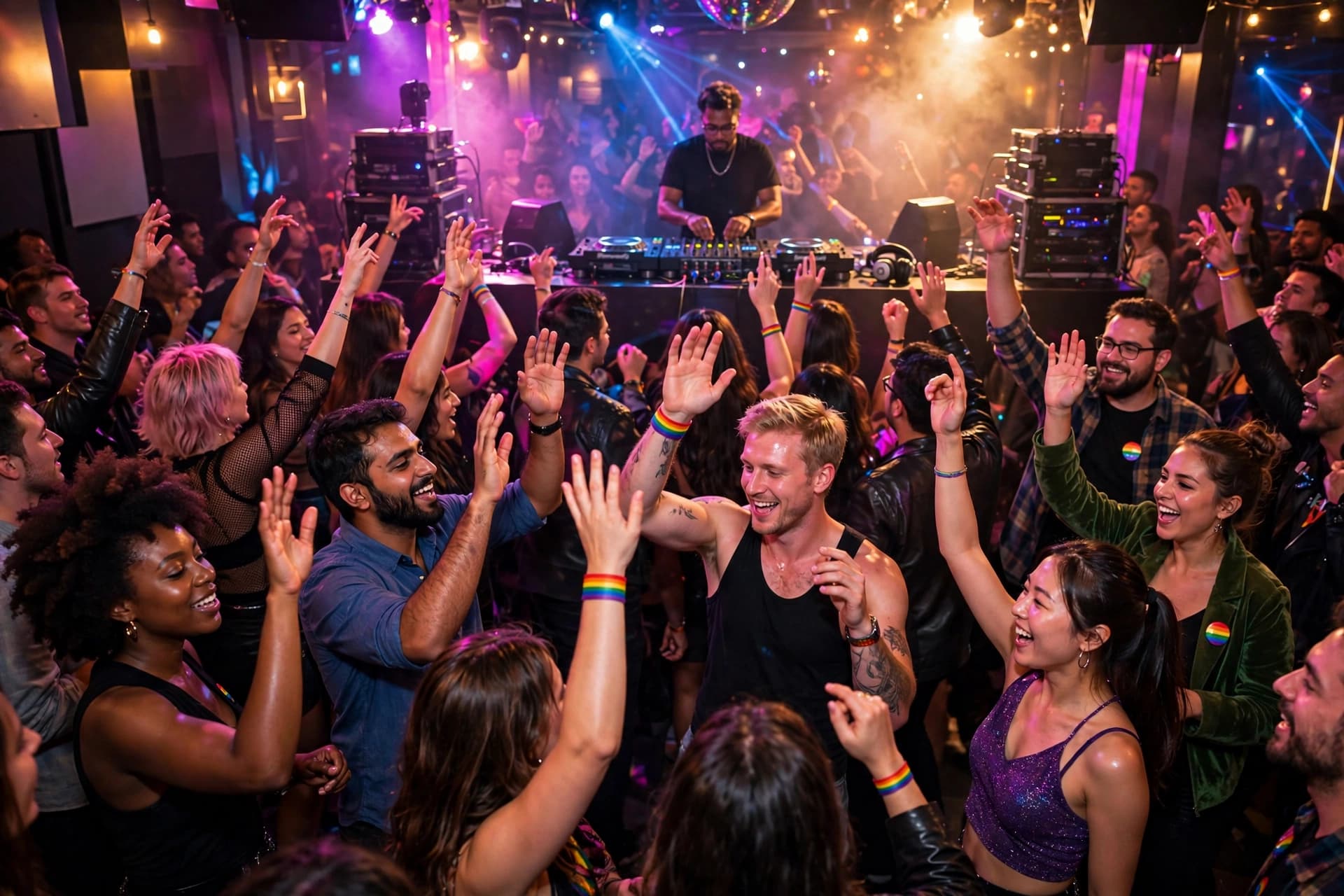 Packed dance floor under colorful club lights with a DJ booth in the background in Chicago