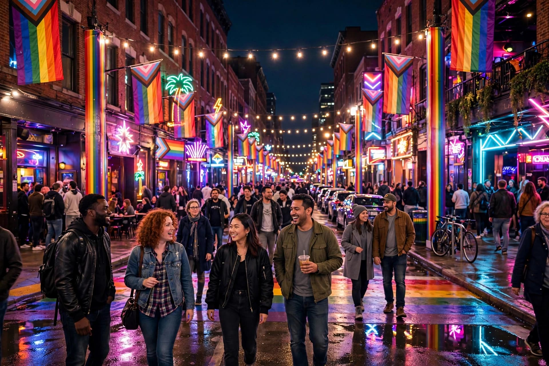 North Halsted Street in Boystown Chicago at night, neon club signs and people heading out to dance