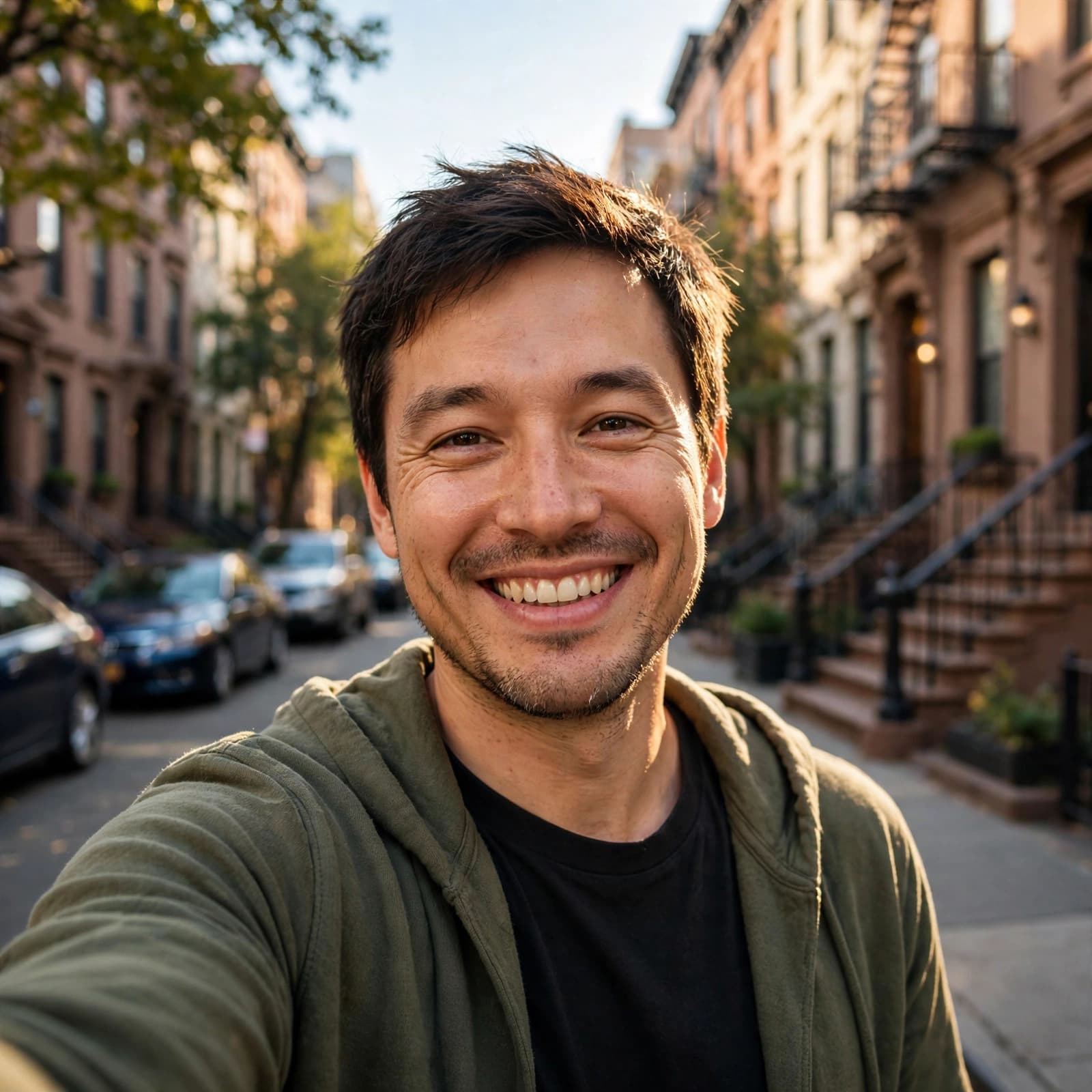 Newly out gay man taking a real selfie for his dating profile in New York City.
