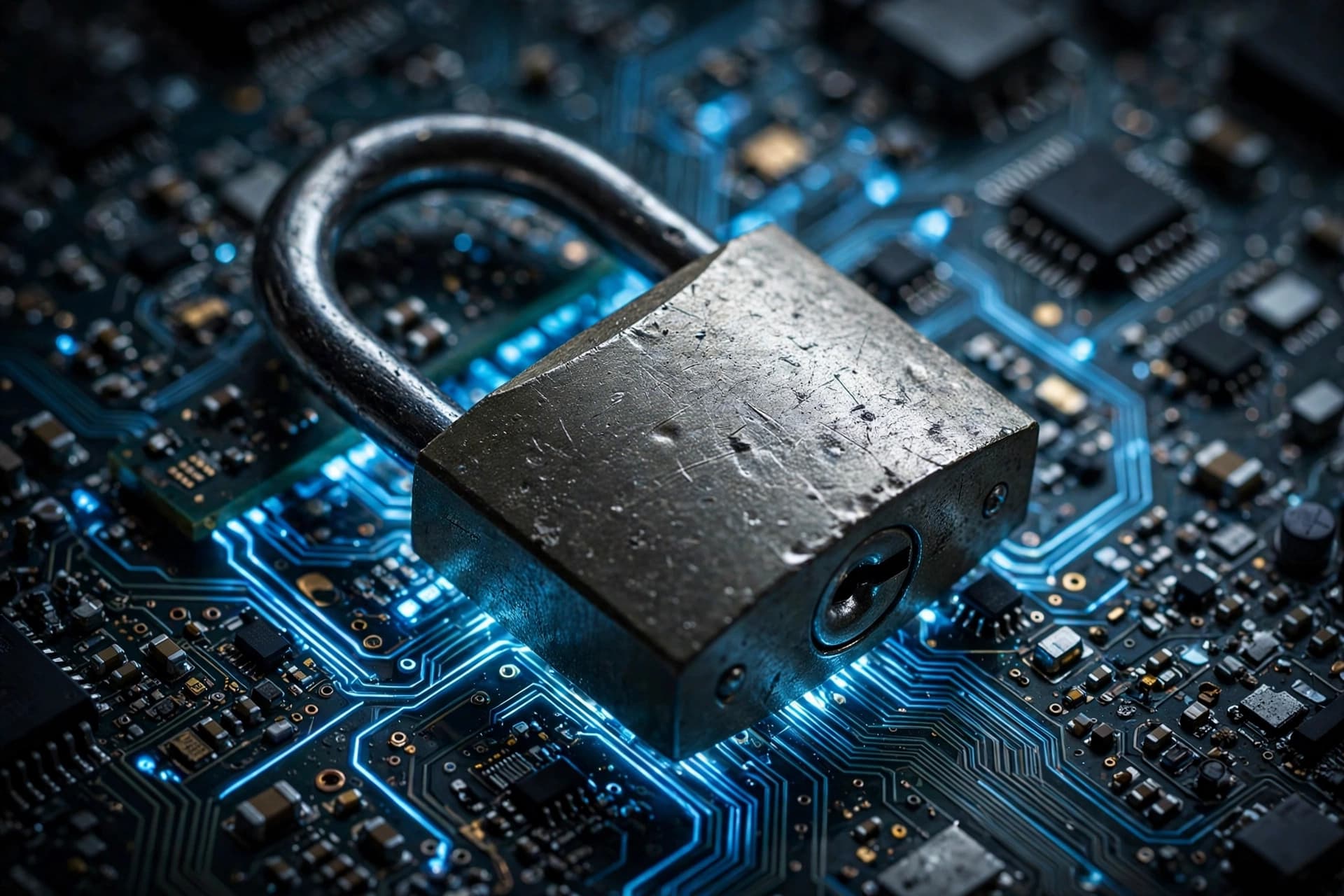 A padlock resting on a glowing blue circuit-board texture, symbolizing digital privacy