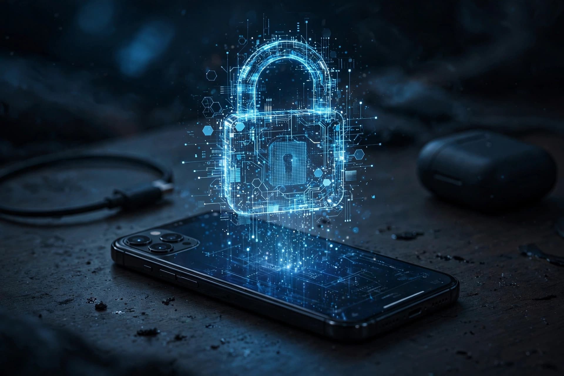 Smartphone with an abstract padlock motif in dark blue tones, symbolizing dating app privacy