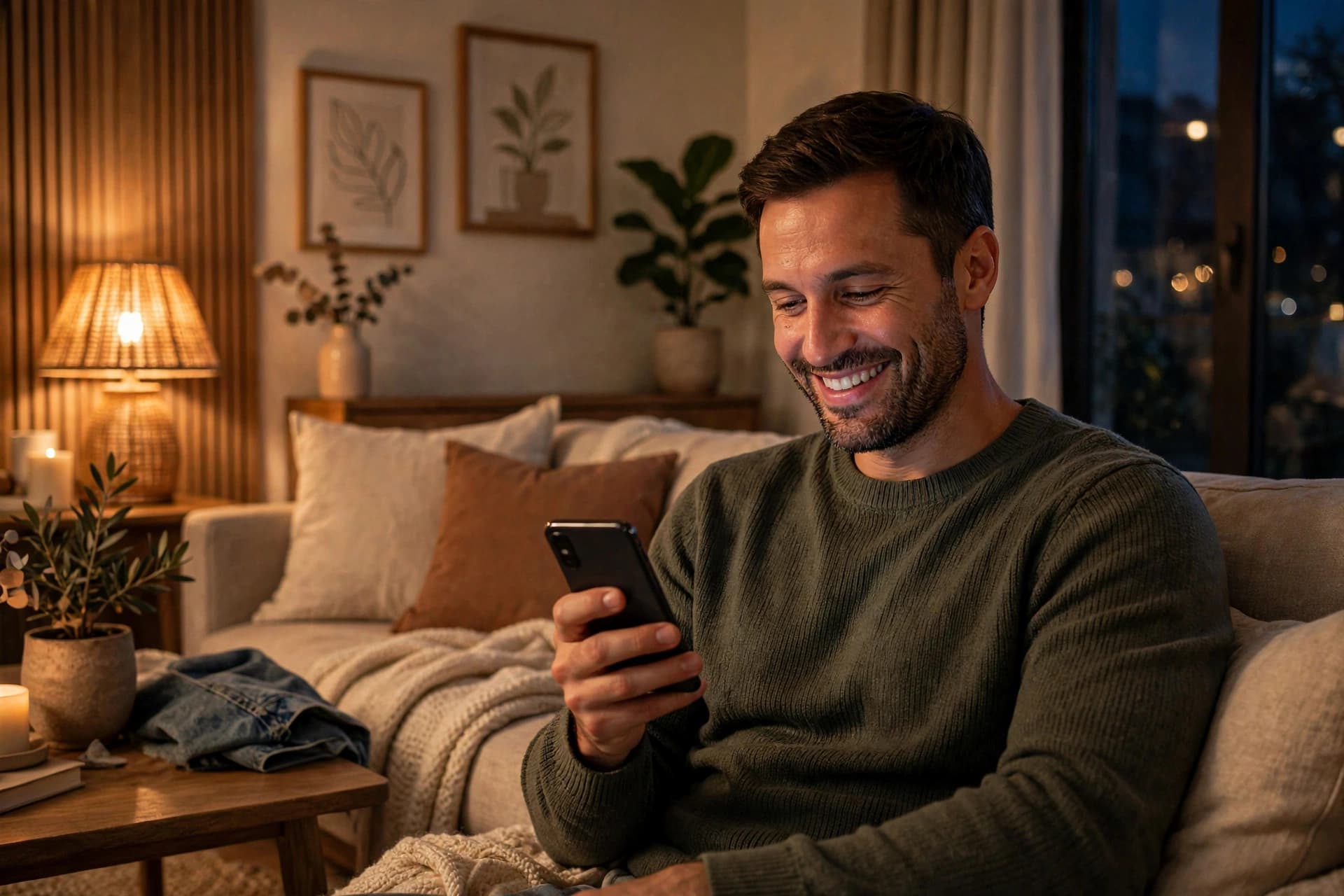 A man at home in the evening smiling while texting his date plans to a friend on his phone