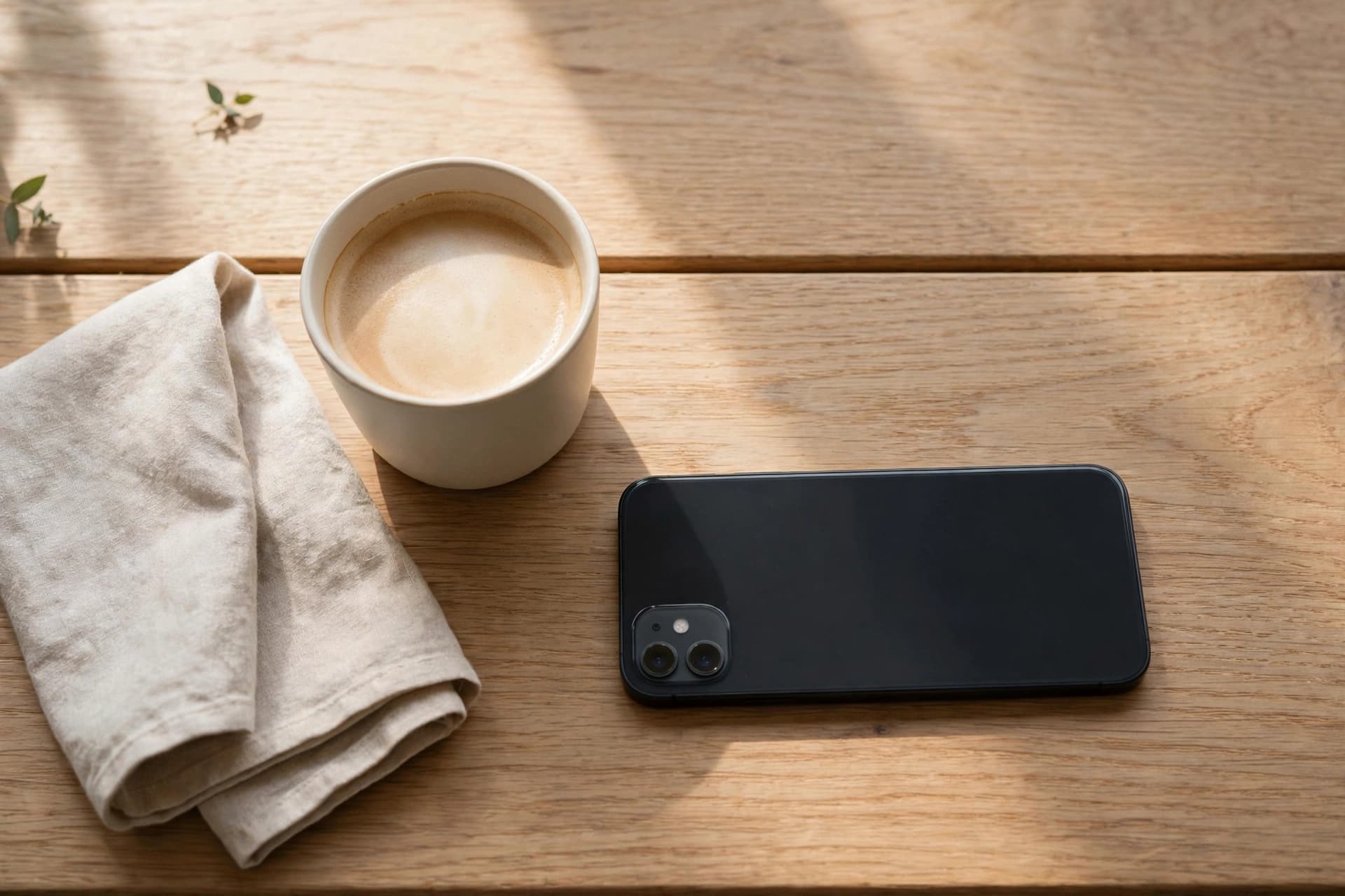 Smartphone lying beside a coffee cup on a cafe table
