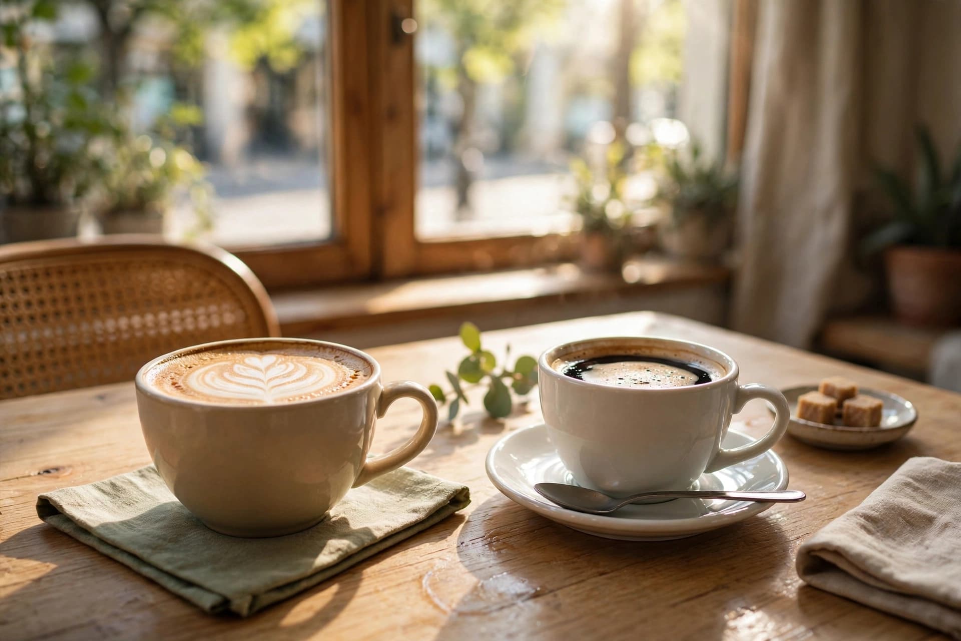 Two coffee cups on a bright sunlit cafe table