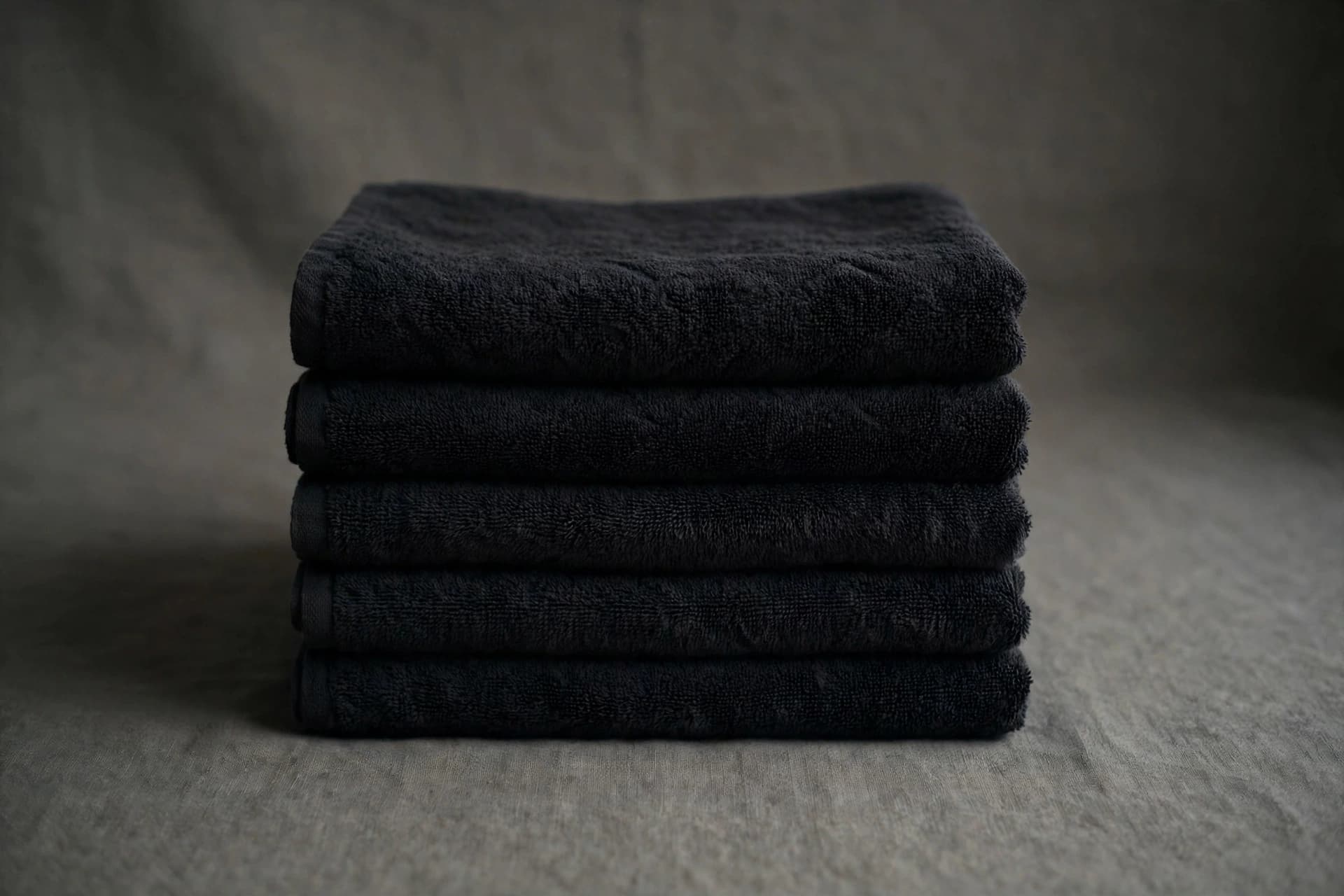 Neatly folded stack of dark towels in soft moody light