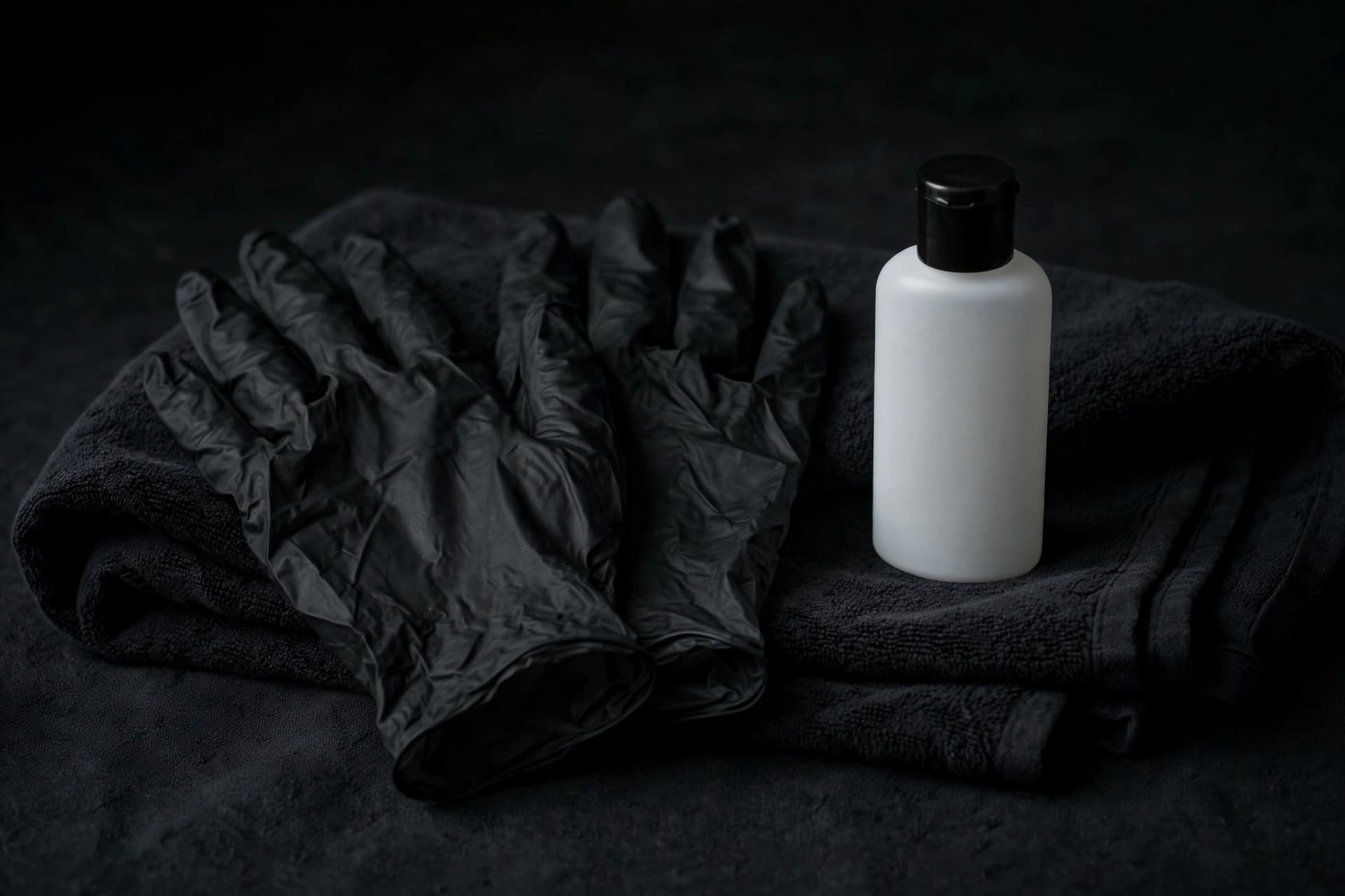 Black nitrile gloves and a lube bottle arranged on a dark folded towel in moody clinical light